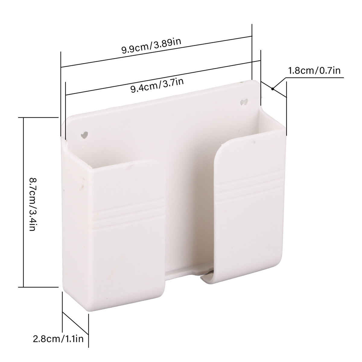 Ein weißer, an der Wand befestigter Telefonhalter mit zwei Fächern, Abmessungen in cm und Zoll angegeben.