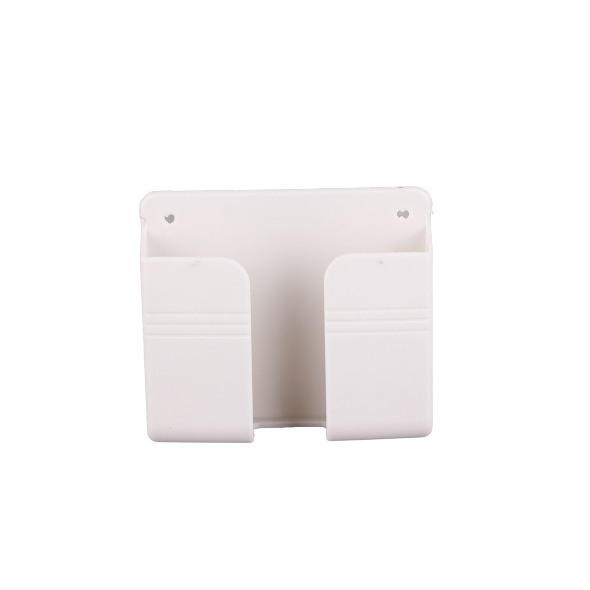 Ein weißer, an der Wand befestigter Telefonhalter mit zwei Schlitzen und zwei Öffnungen wird von vorne gezeigt.