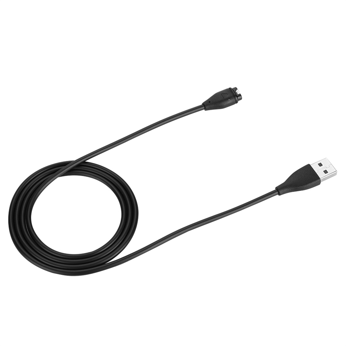 Schwarzes Ladekabel mit USB- und Rundstecker, gewickelt. Weißer Hintergrund.