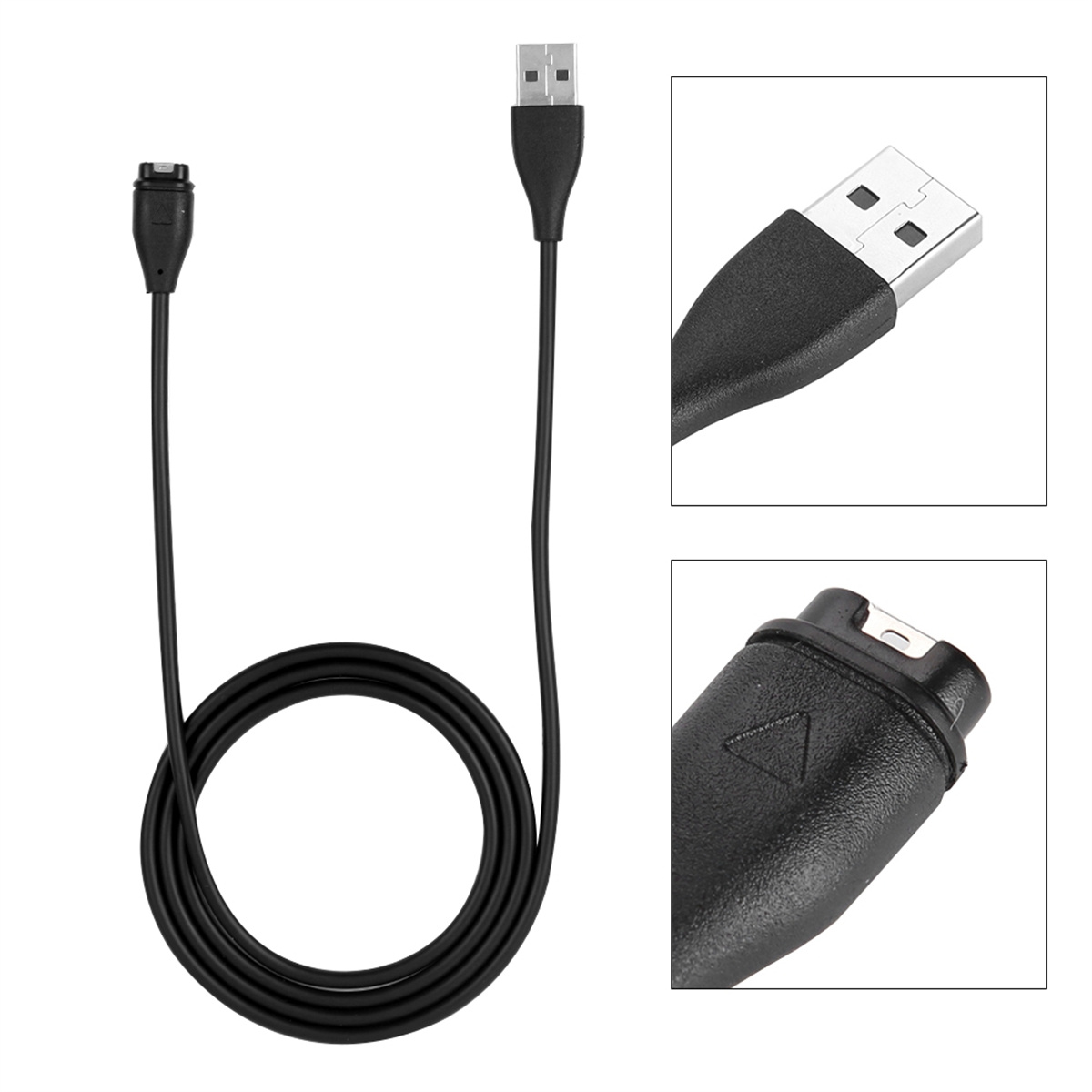 Schwarzes USB-Kabel mit drei Nahaufnahmen der Anschlüsse. Weißer Hintergrund.