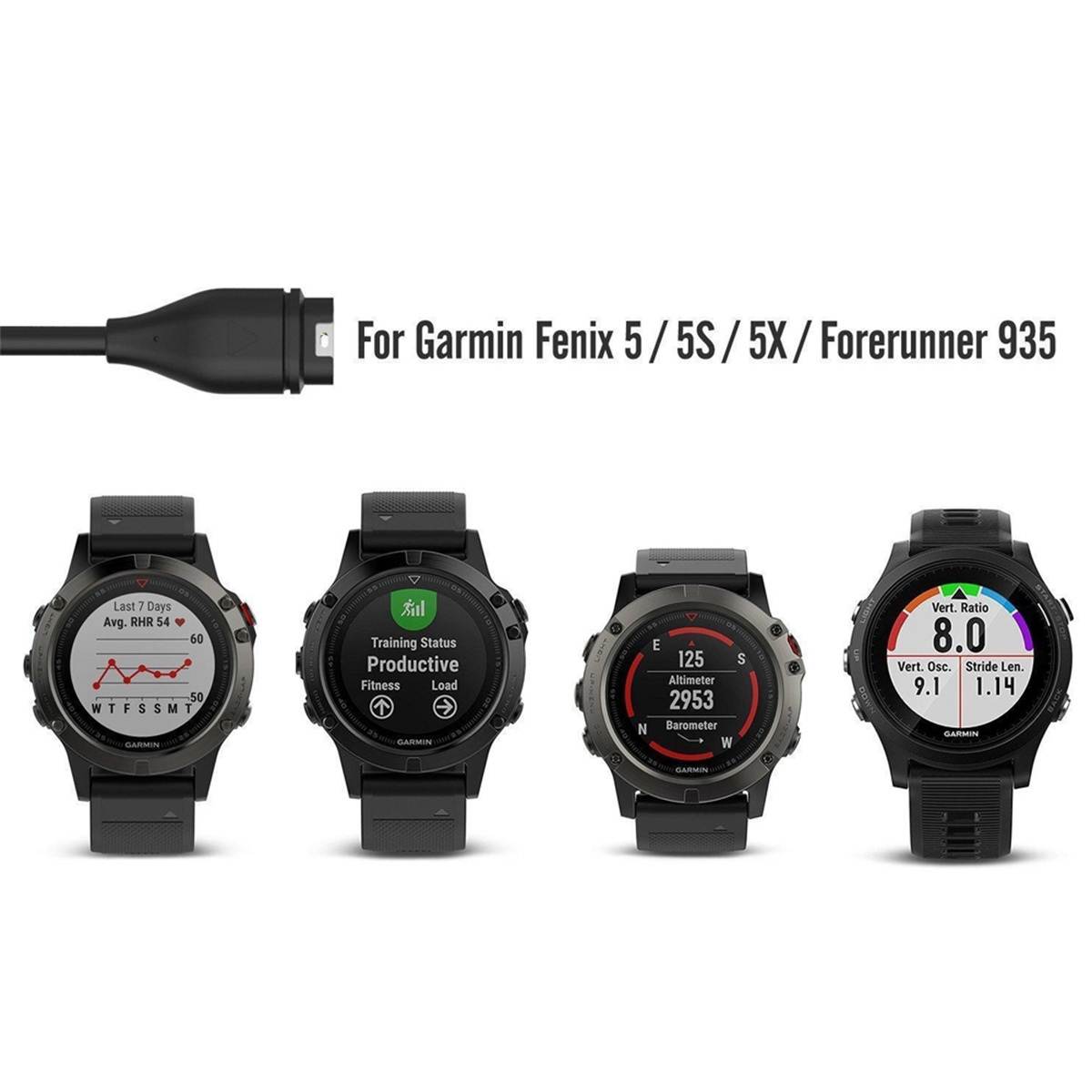 Vier Garmin Smartwatches mit Ladekabel. Text: For Garmin Fenix 5/5S/5X.