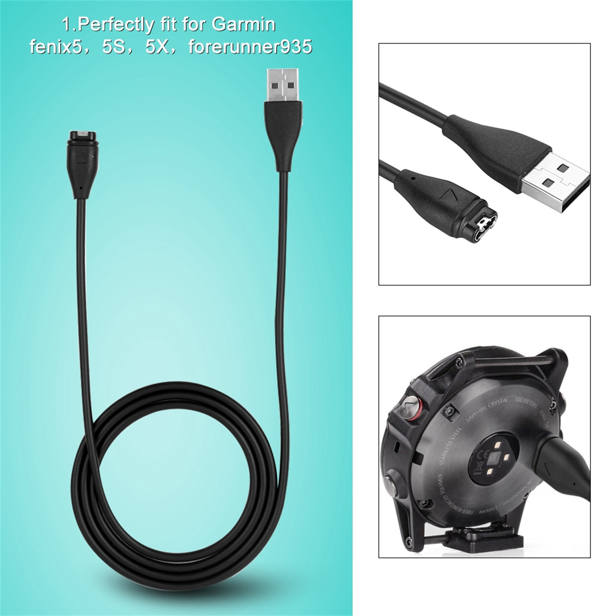 Ladekabel für eine Garmin-Uhr. Das Kabel hat einen USB-Anschluss und einen Uhrenclip.