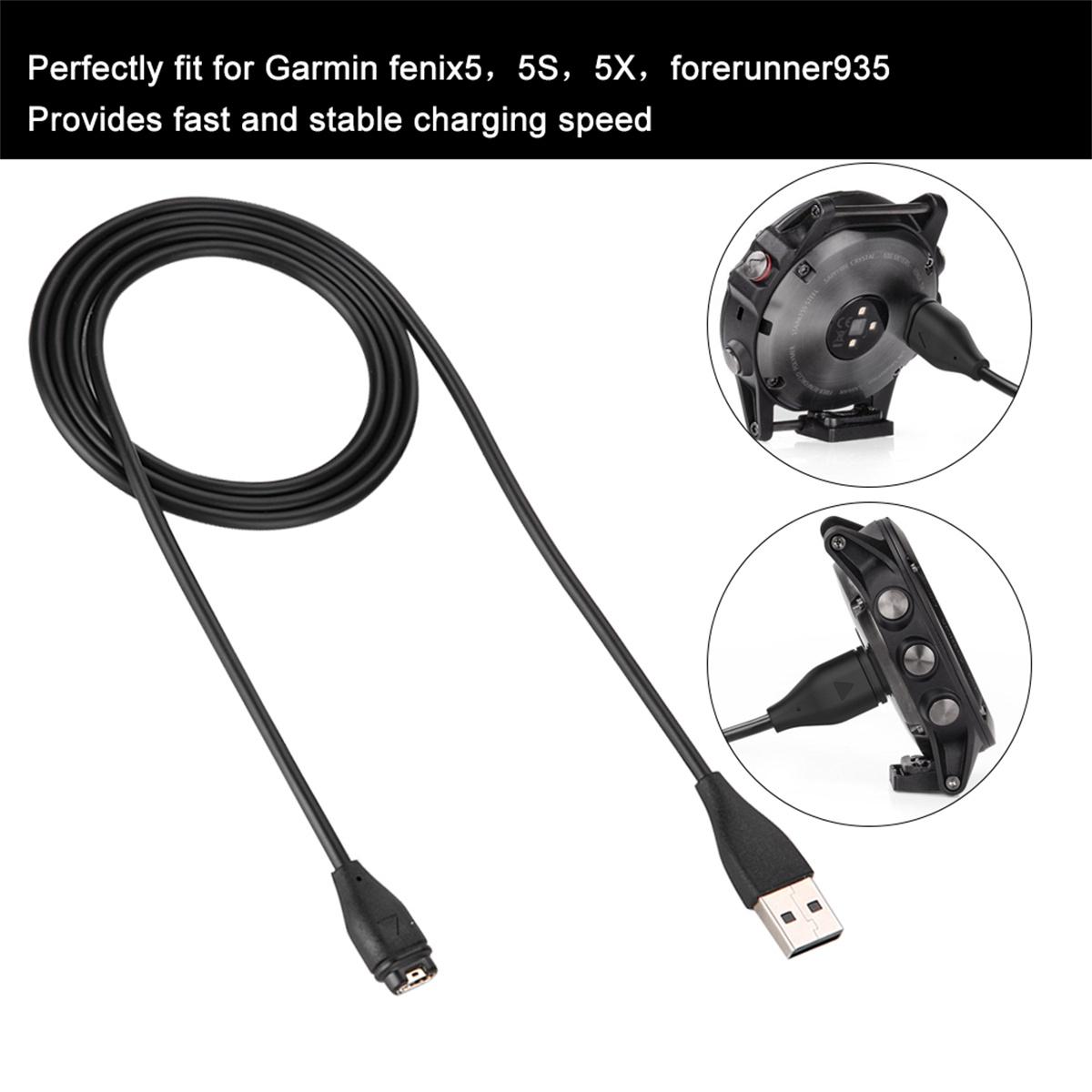 Schwarzes Ladekabel mit zwei Steckern. Garmin-Uhr in zwei Nahaufnahmen gezeigt. Weißer Hintergrund.