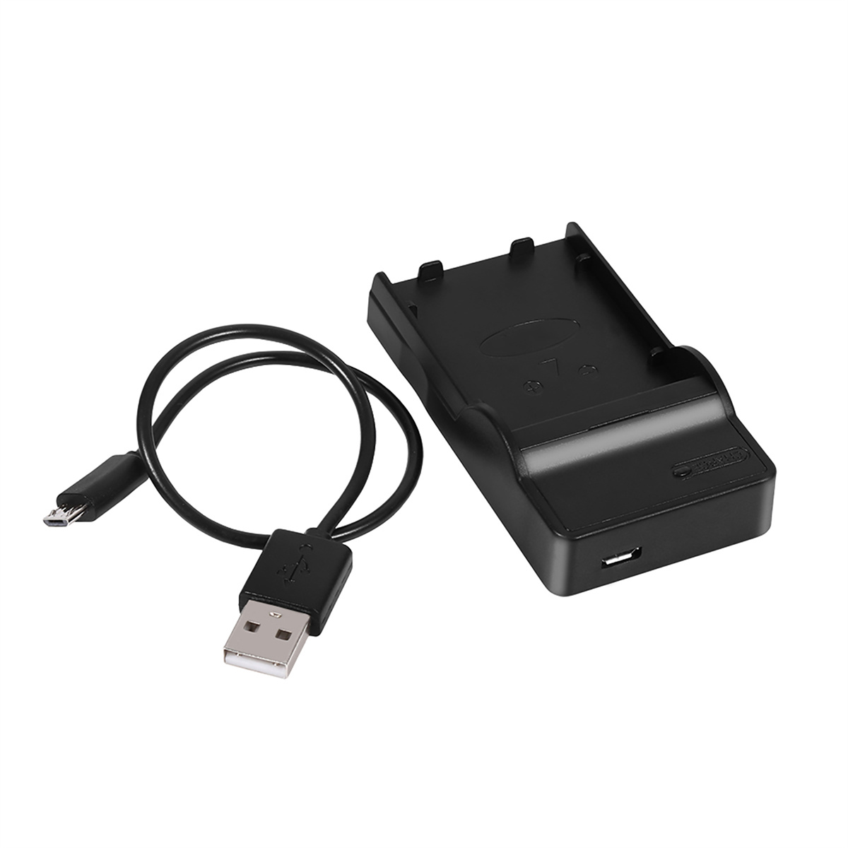Schwarze Ladestation und Kabel mit USB-Anschluss auf weißem Hintergrund.