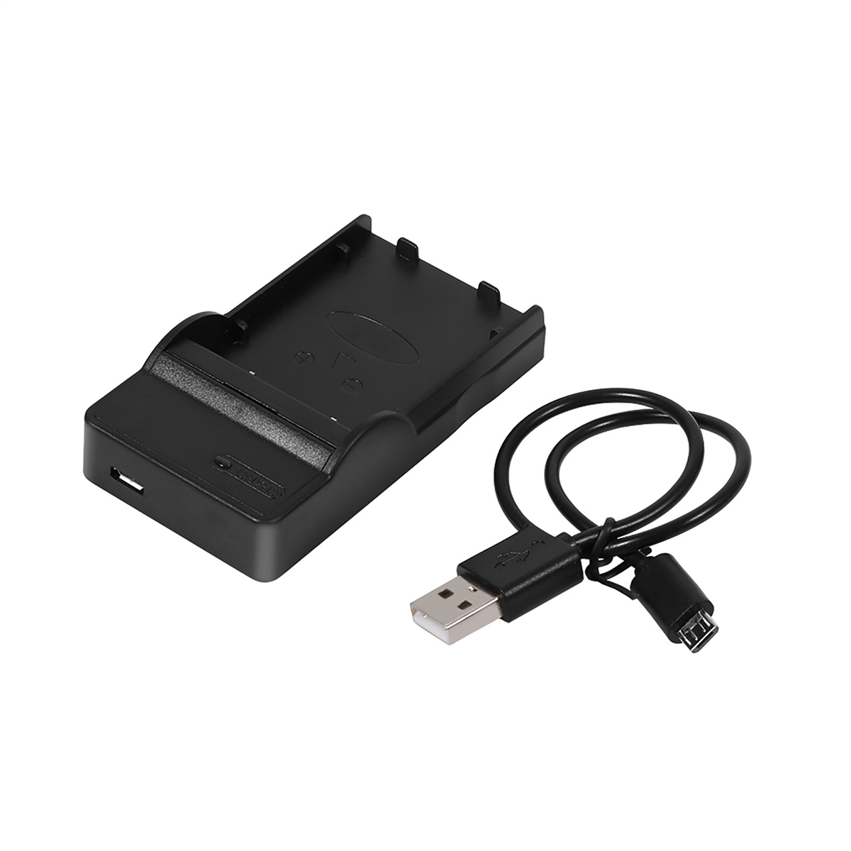 Ein schwarzes Kamerabatterieladegerät mit angeschlossenem USB-Kabel.