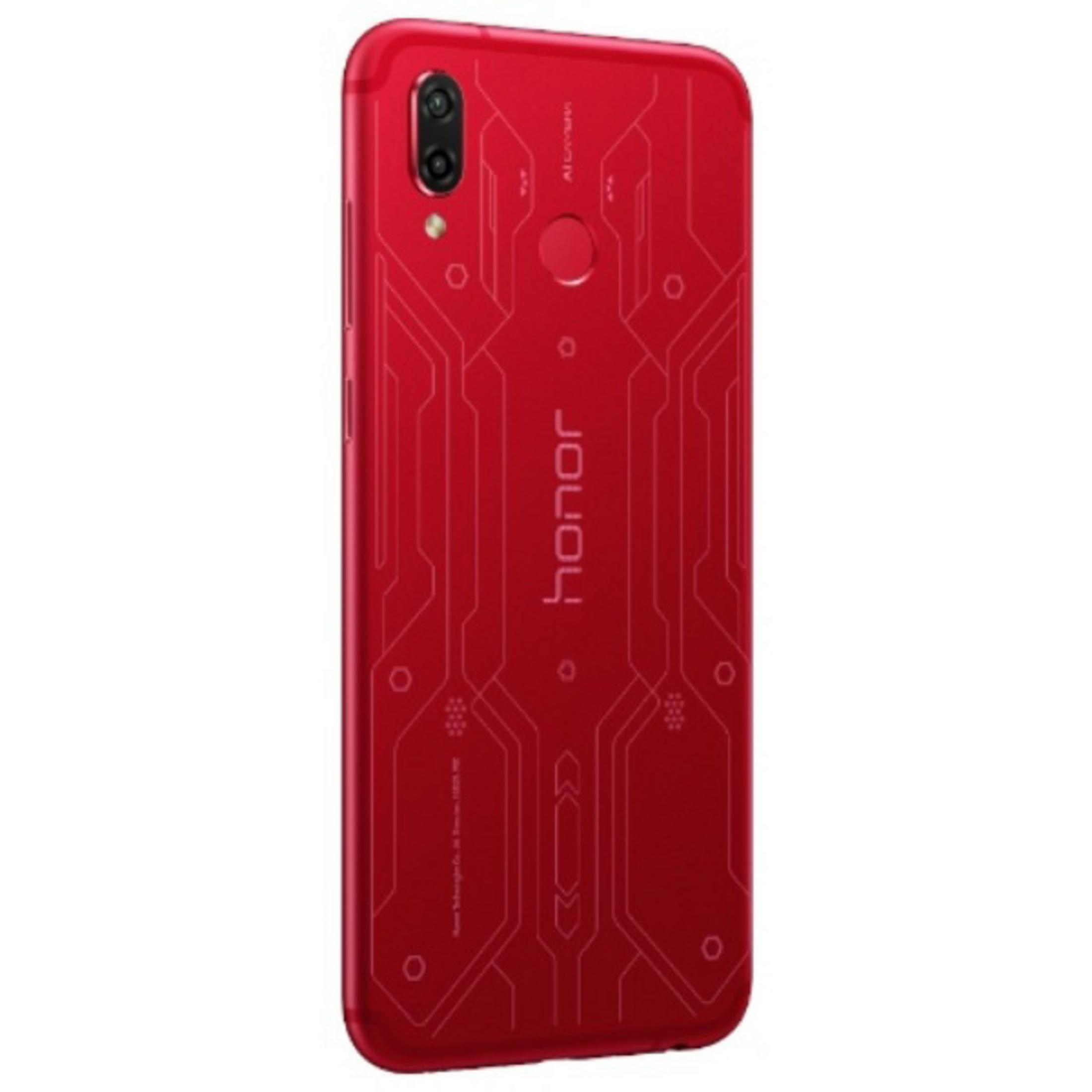Rückseite des roten Telefons mit Leiterplattendesign. Das Telefon hat eine Kamera, einen Fingerabdrucksensor und das Honor-Logo.