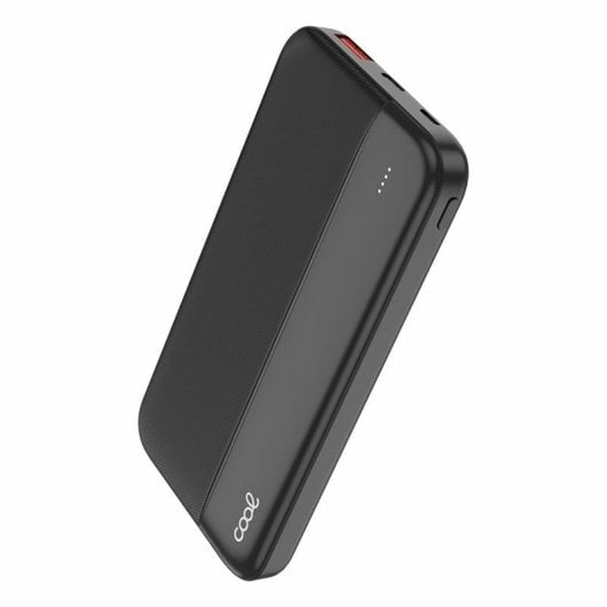 Schwarze Powerbank mit elegantem Design, schräge Ansicht, mit Ladeanzeige.