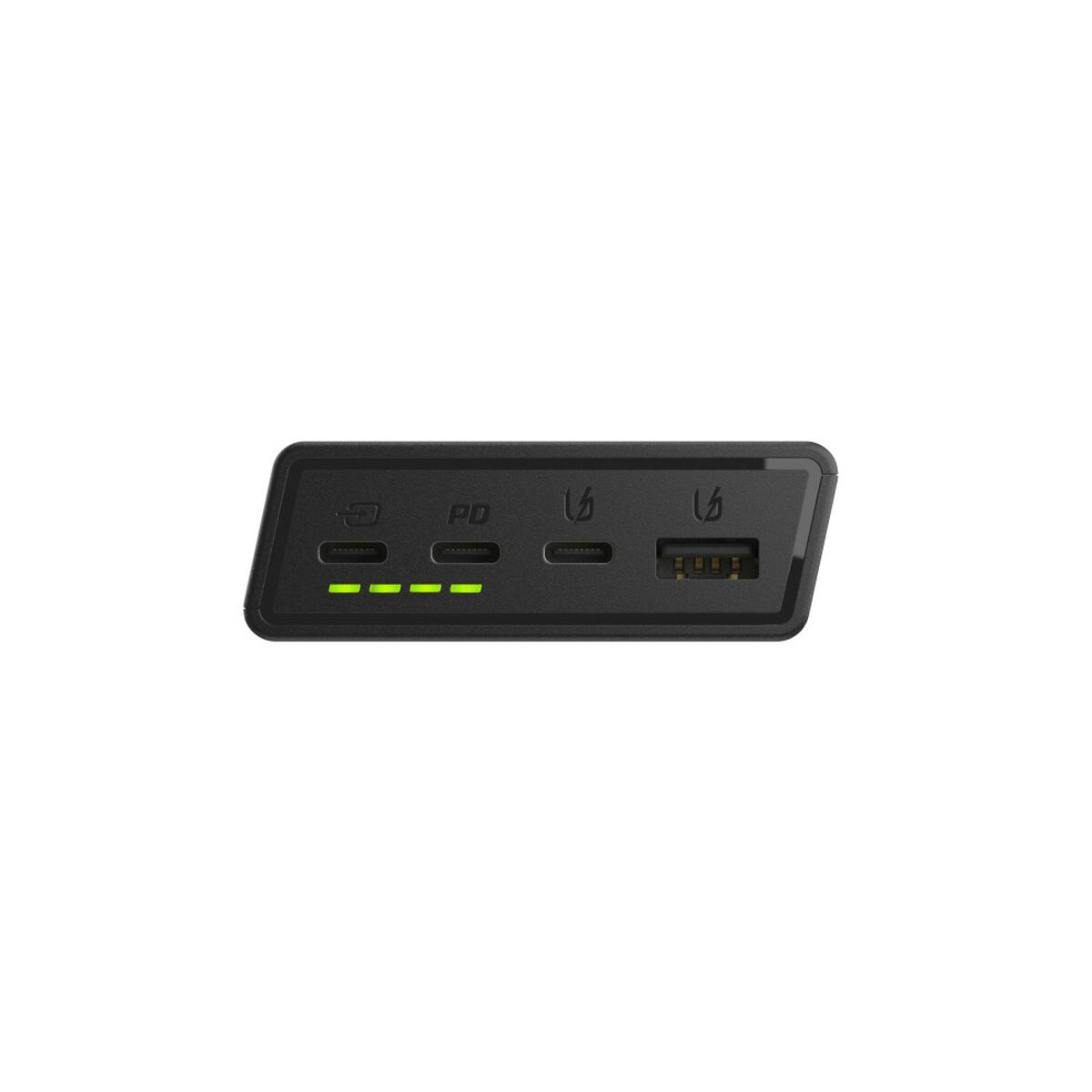 Czarny power bank ze wskaźnikami ładowania i portami, białe tło.