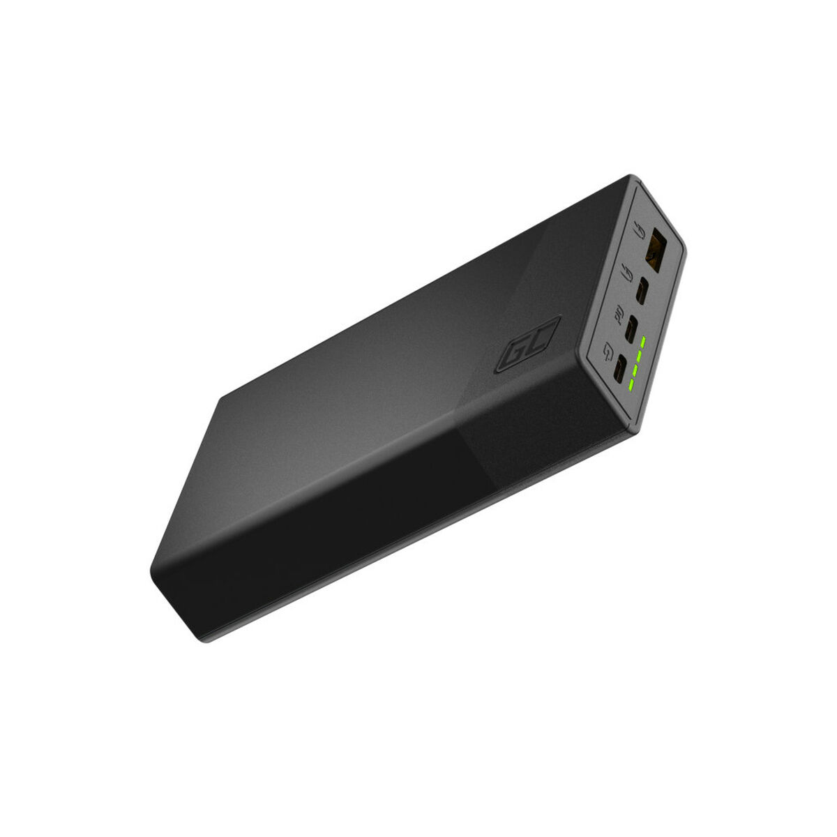 Czarny power bank z wieloma portami, ustawiony pod kątem, na białym tle.