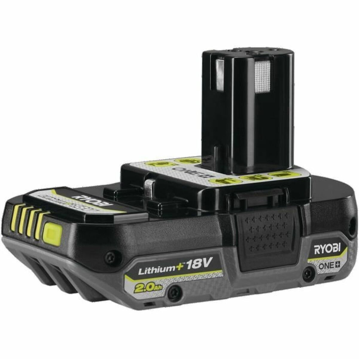 Schwarz-graues Akkupack mit gelben Akzenten. Es ist mit 'RYOBI' und 'Lithium+ 18V' bedruckt.