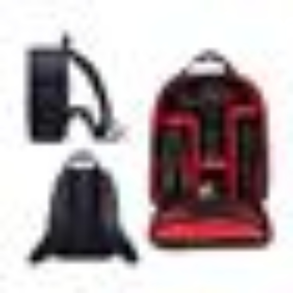Ein Set von drei Ansichten eines schwarzen Rucksacks: vorne, Seite und hinten.