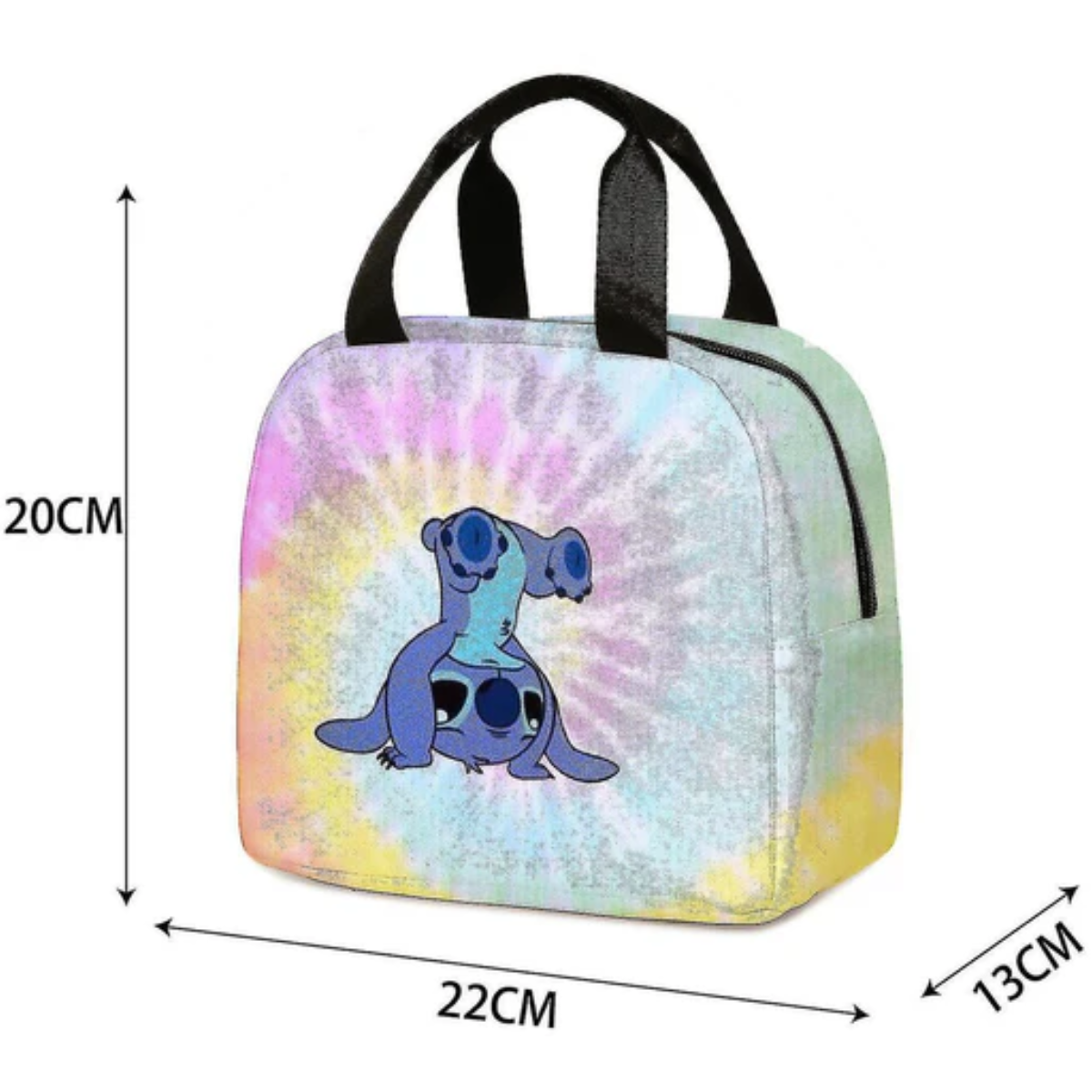 Eine farbenfrohe Stitch-Lunch-Tasche mit Maßen auf weißem Hintergrund.