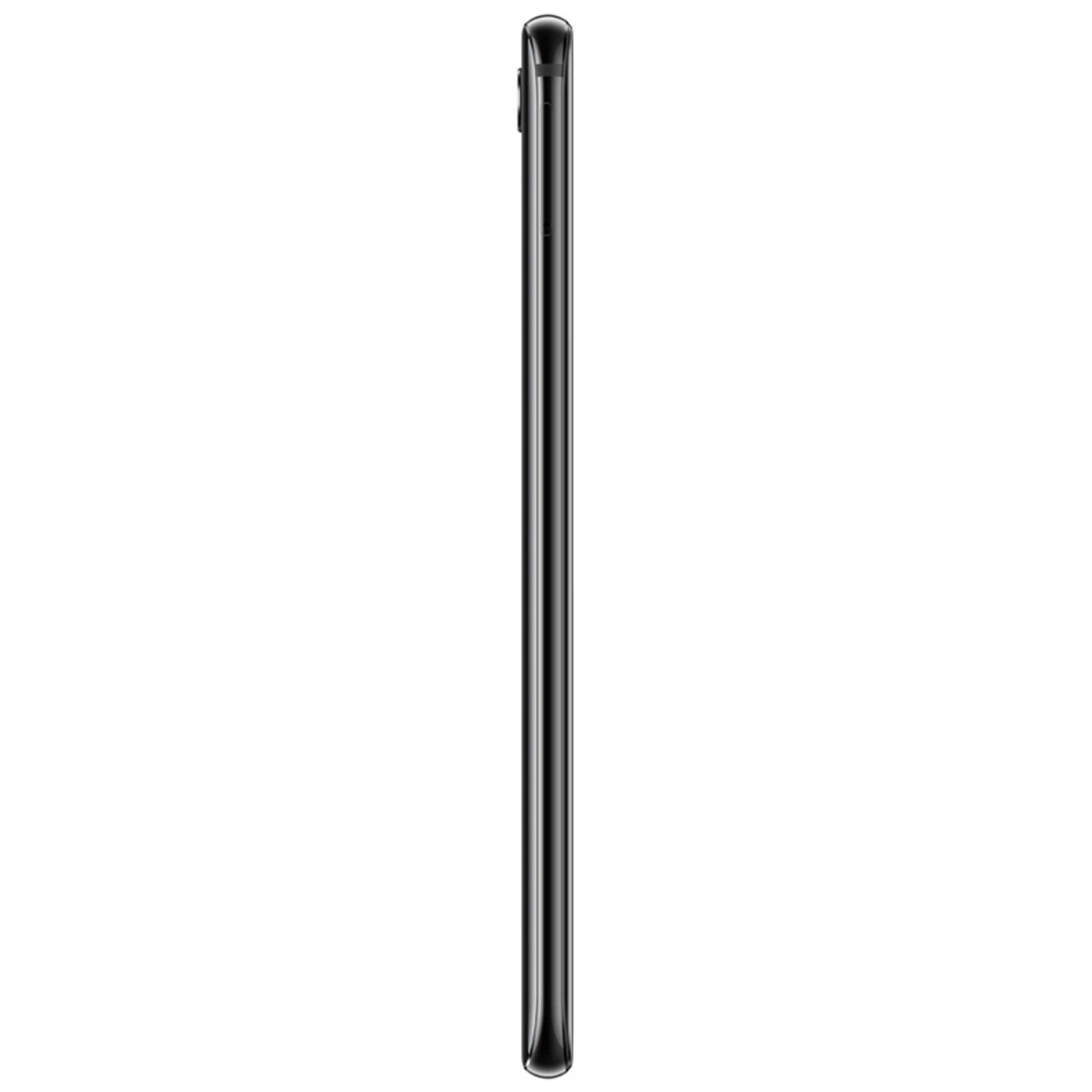 Ein schwarzes Smartphone, von der Seite betrachtet, zeigt ein schlankes Profil vor weißem Hintergrund.