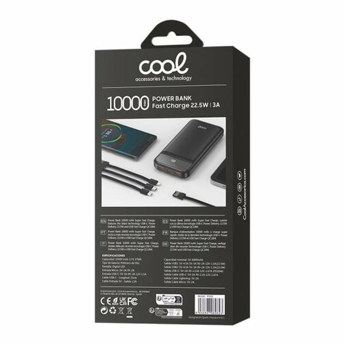 Eine schwarze Powerbank mit Kabeln und einer Box, die die Produktmerkmale zeigt.