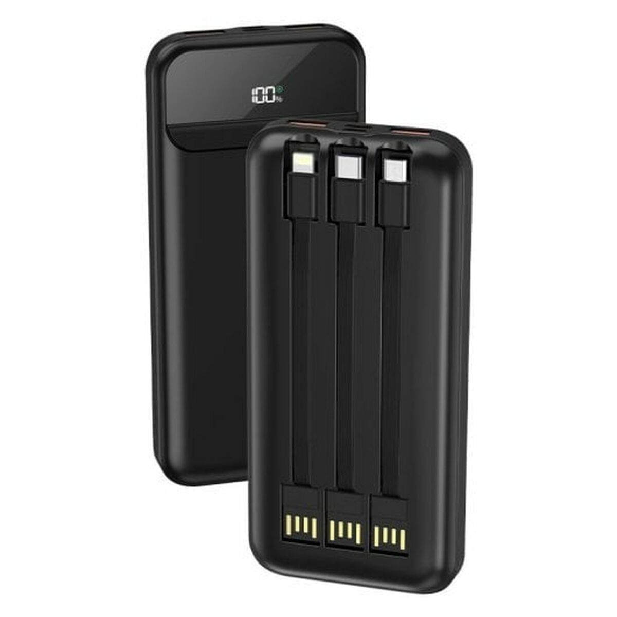 Schwarze Powerbank mit drei Ladekabeln und einem Digitaldisplay mit 100 % Ladung.
