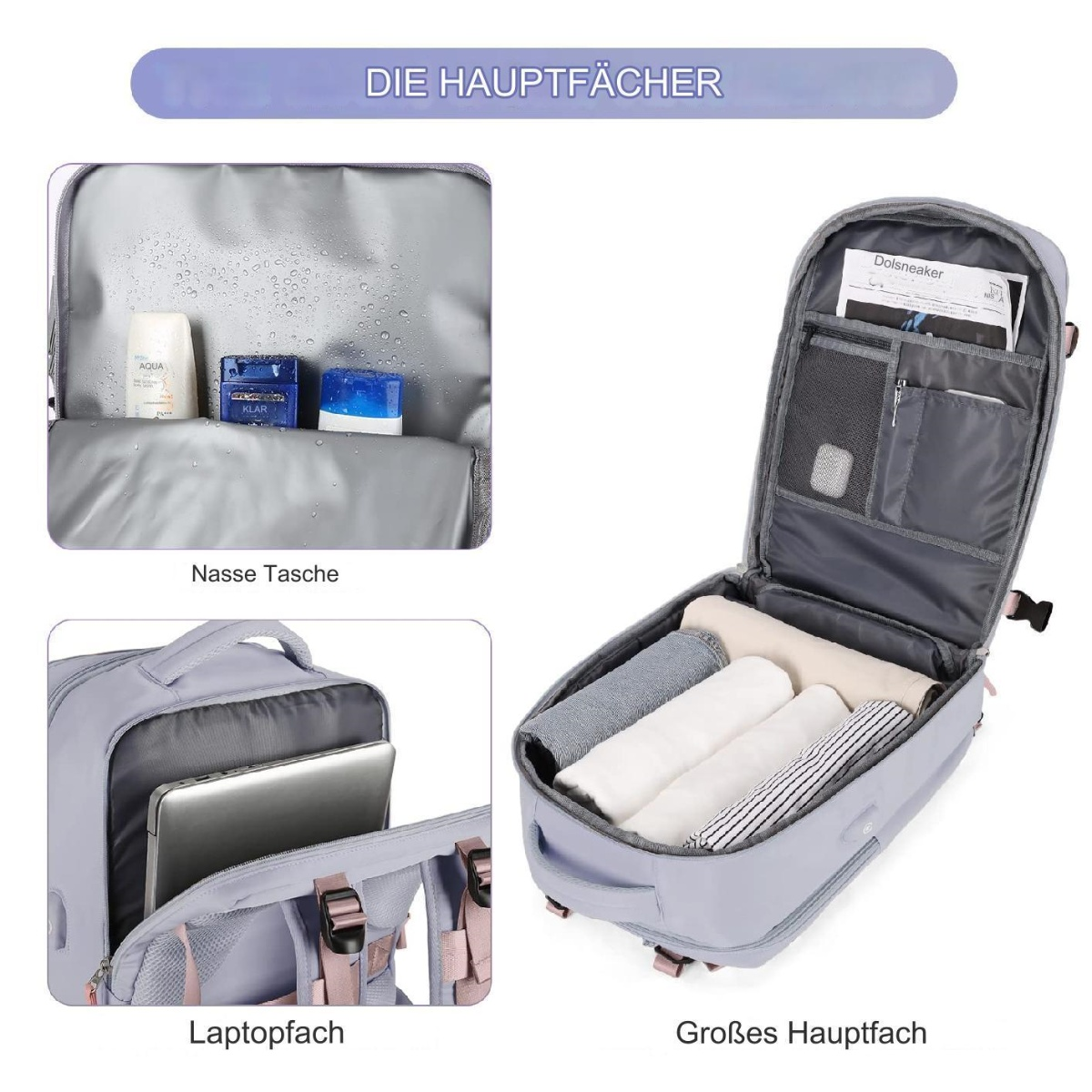 Offener Koffer mit Fächern. Enthält einen Laptop, Toilettenartikel und gefaltete Kleidung. Text auf Deutsch.