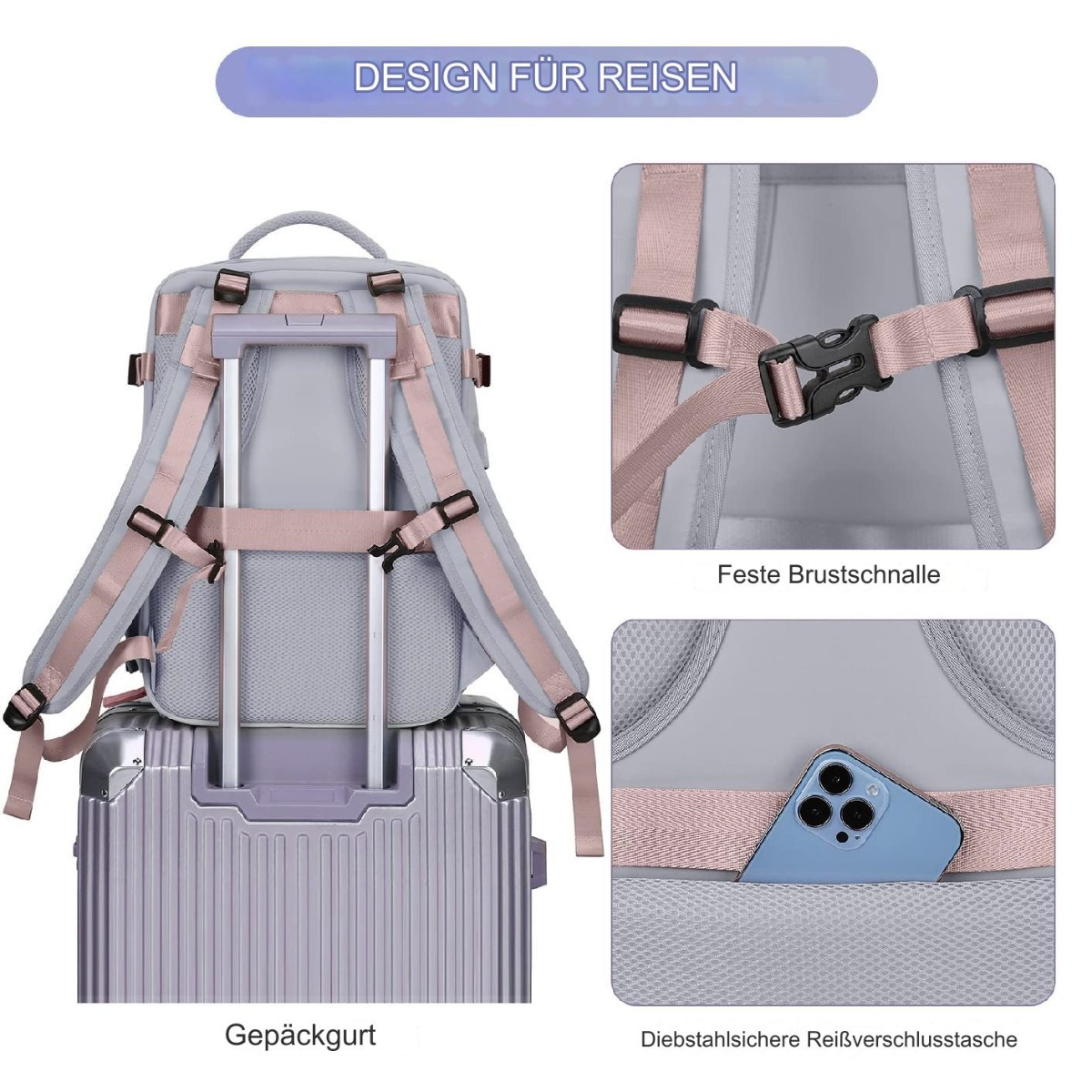 Ein grauer Rucksack liegt auf einem Koffer. Der Rucksack hat Träger und einen Brustverschluss.