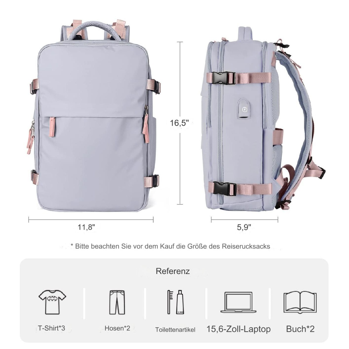 Ein grauer und rosa Rucksack mit Abmessungen und Symbolen für enthaltene Gegenstände.
