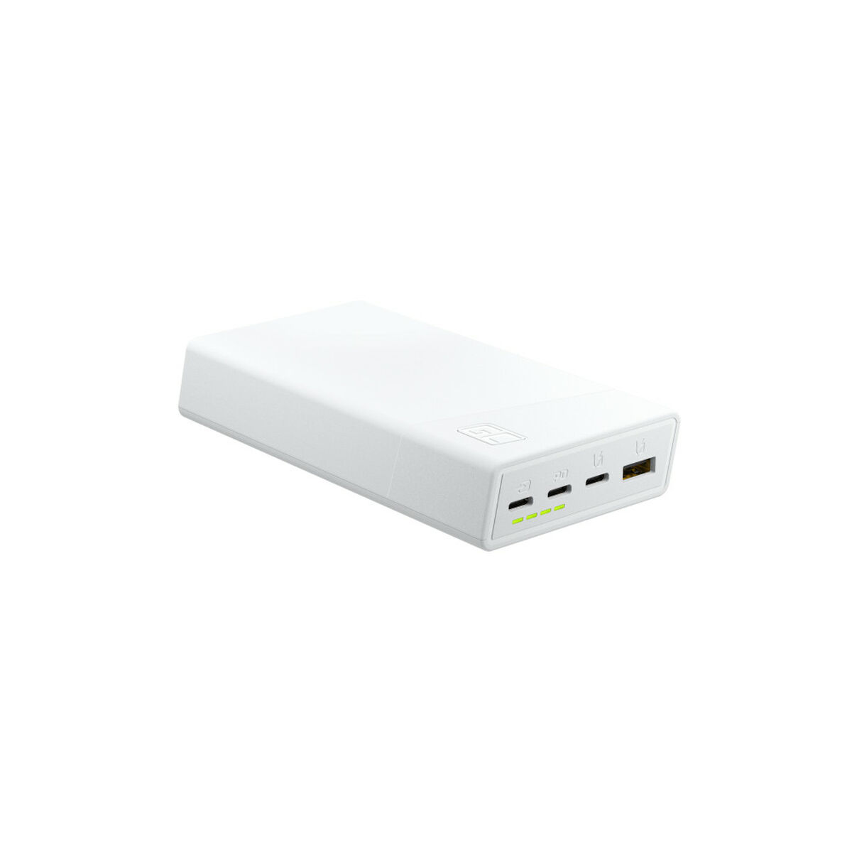 Power bank bianca con quattro indicatori di carica e due porte. Vista angolata. Isolato su sfondo bianco.