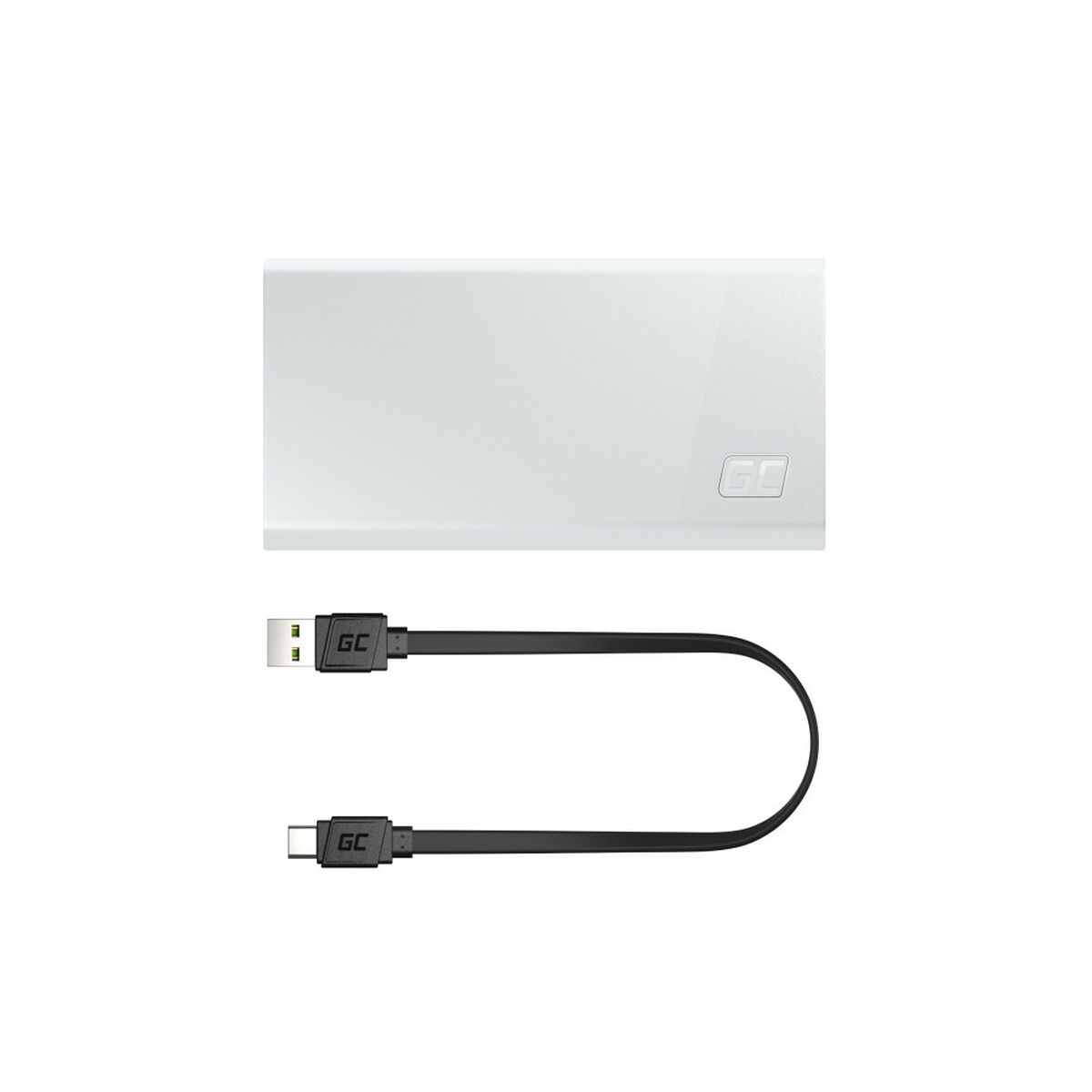 Un power bank bianco con un cavo USB e un cavo USB-C, il tutto su sfondo bianco. Il marchio è visibile.