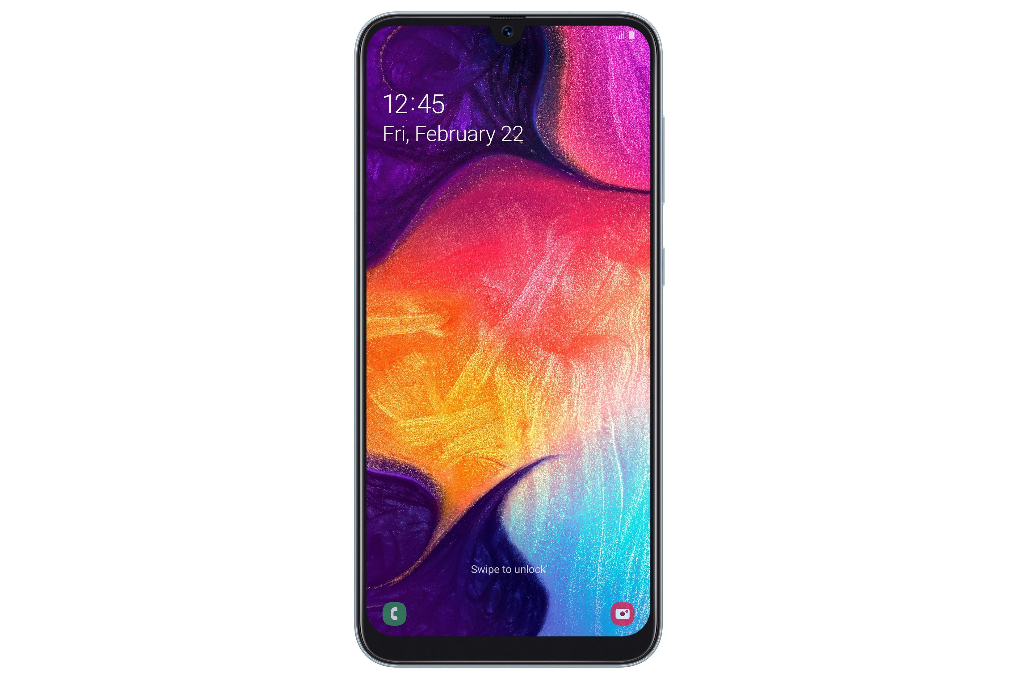 Smartphone mit farbenfrohem Display, das Zeit und Datum anzeigt. Es hat eine Frontkamera.