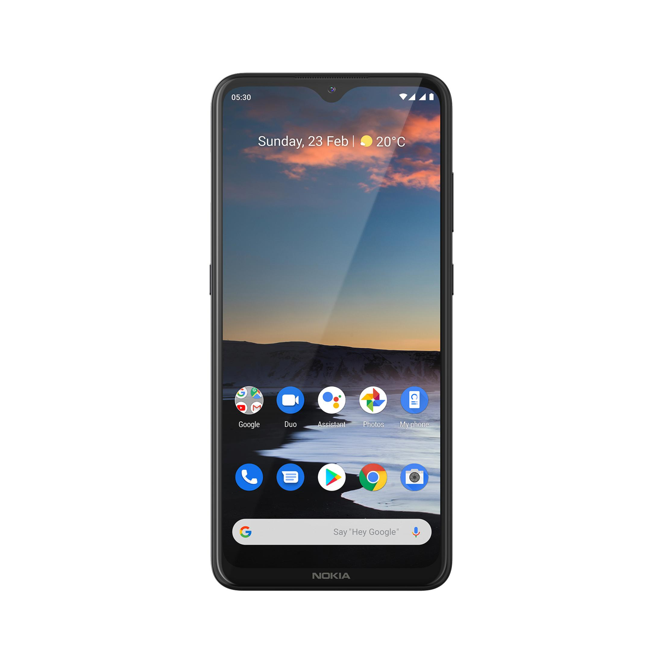 Schwarzes Nokia-Smartphone mit einem Bildschirm, der einen Startbildschirm mit Symbolen und einem Datum anzeigt.