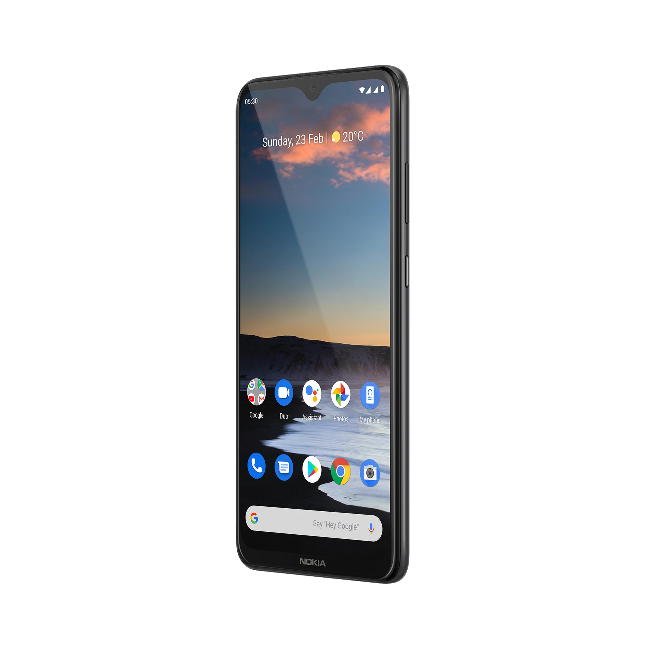 Ein schwarzes Telefon mit einem Bildschirm, der Symbole und das Datum anzeigt. Das Telefon hat eine kleine Kerbe.