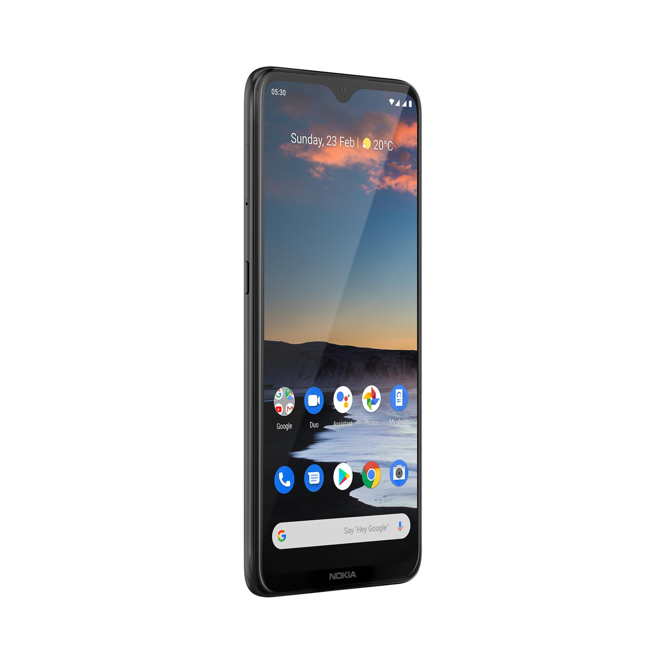 Ein schwarzes Nokia-Smartphone mit Datumsanzeige und App-Symbolen, freigestellt auf weißem Grund.