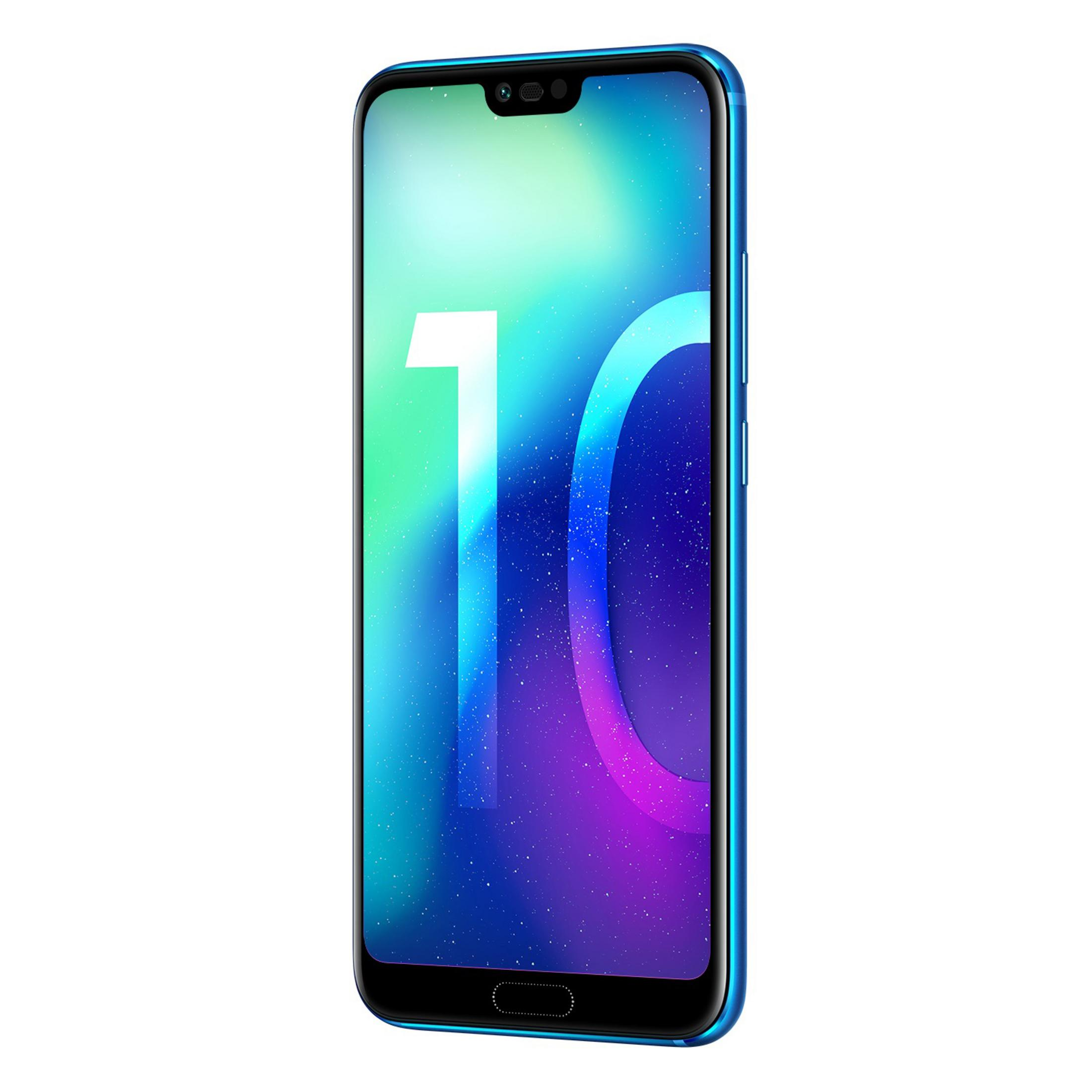 Blue smartphone with a large display, the number '10' is visible on the screen.