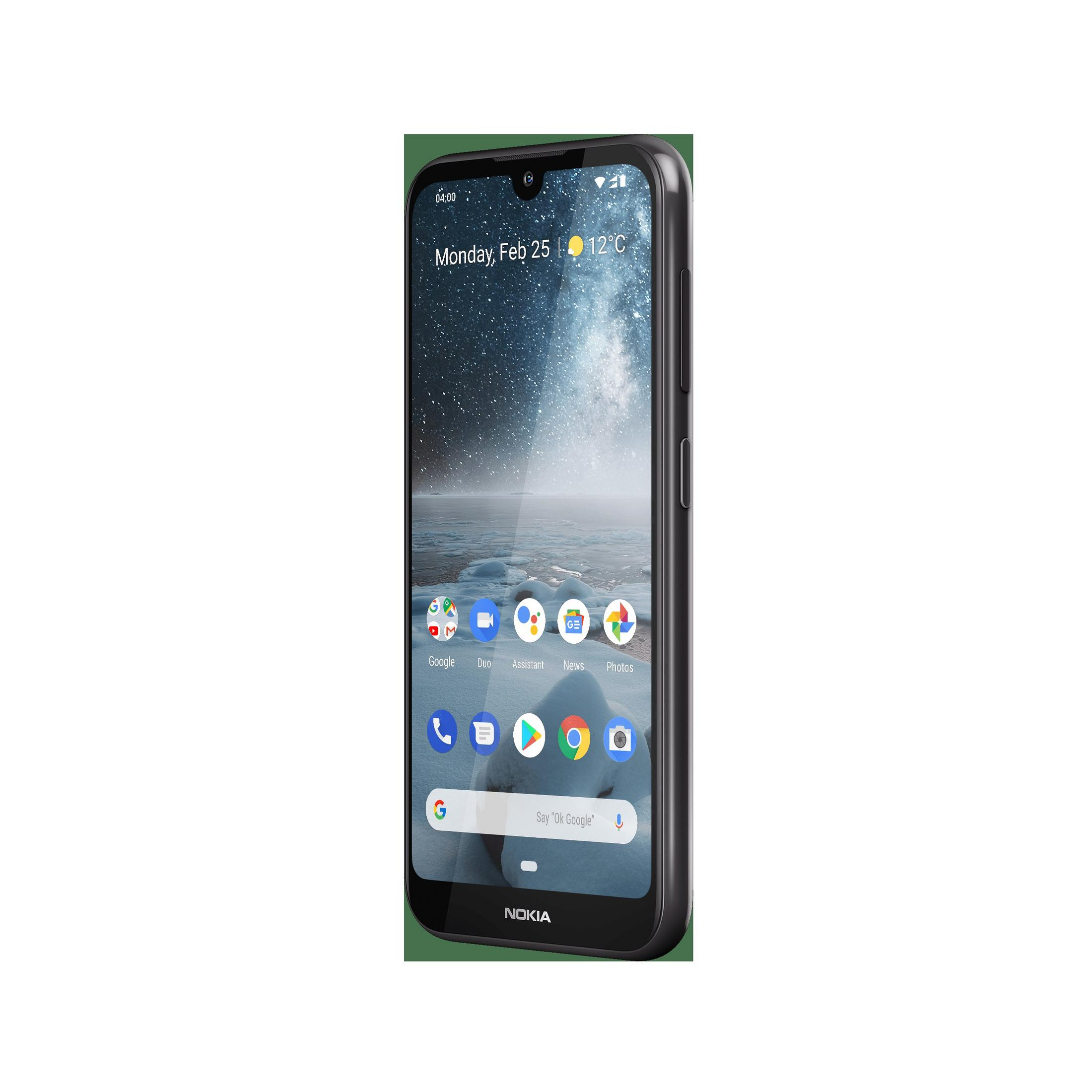 Ein schwarzes Nokia-Smartphone mit Uhrzeit, Datum und App-Symbolen.
