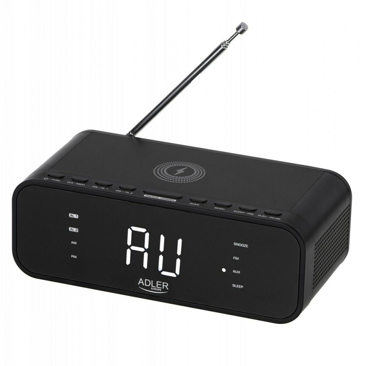 Ein schwarzer Wecker mit Digitalanzeige, die Zeit anzeigend. Er hat Knöpfe und eine Antenne.