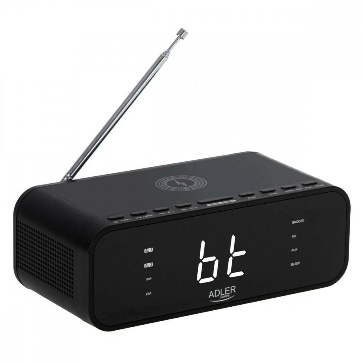 Schwarzer digitaler Wecker mit kabelloser Ladestation, Anzeige der Uhrzeit, mit Radioantenne.