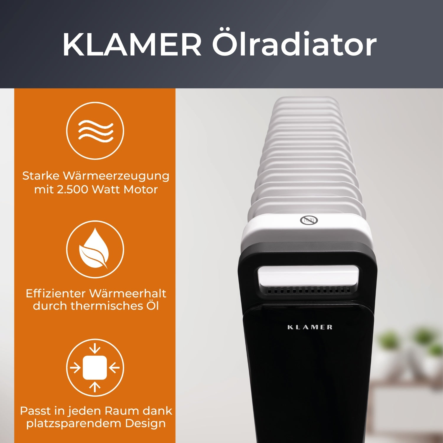 Schwarz-weißer Ölradiator mit deutschem Text. Zeigt die Produktmerkmale mit Symbolen.