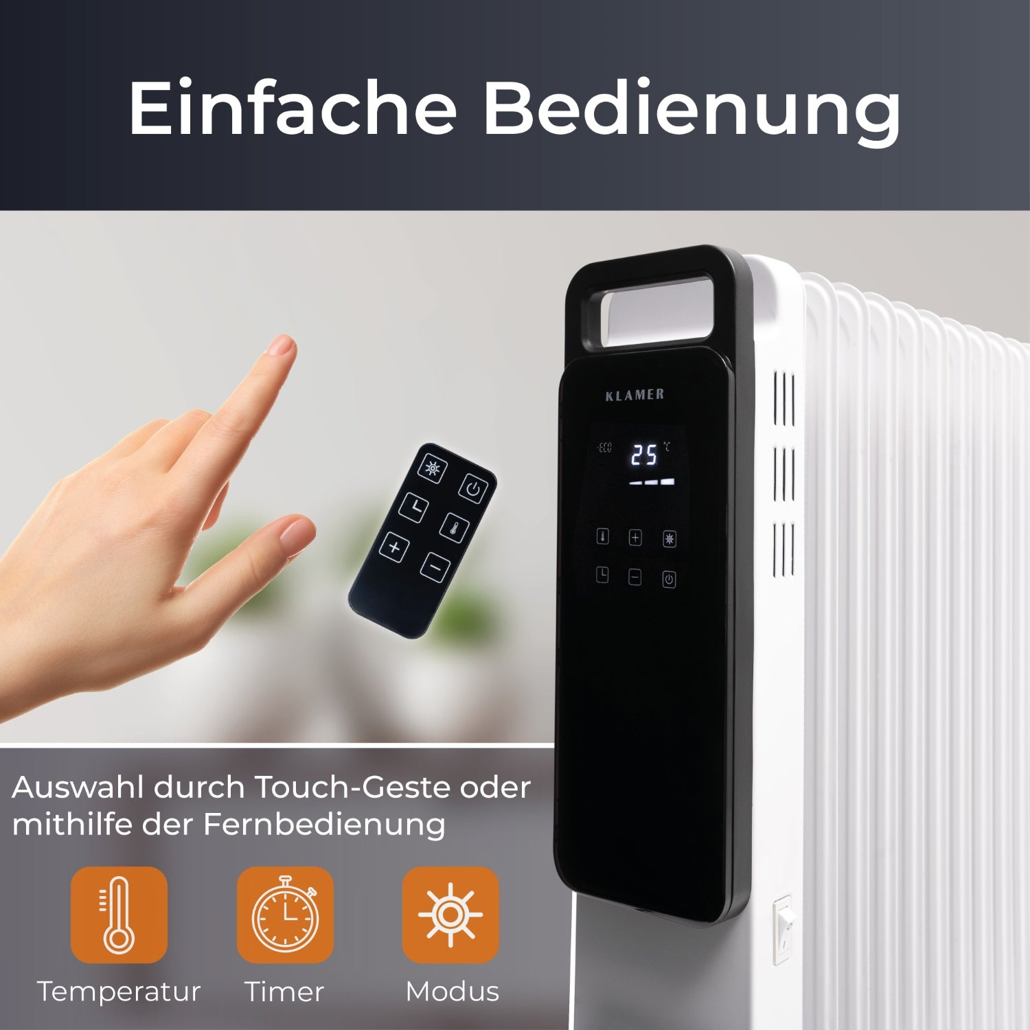 Eine Hand hält eine Fernbedienung neben einem schwarz-weißen Gerät mit Display.