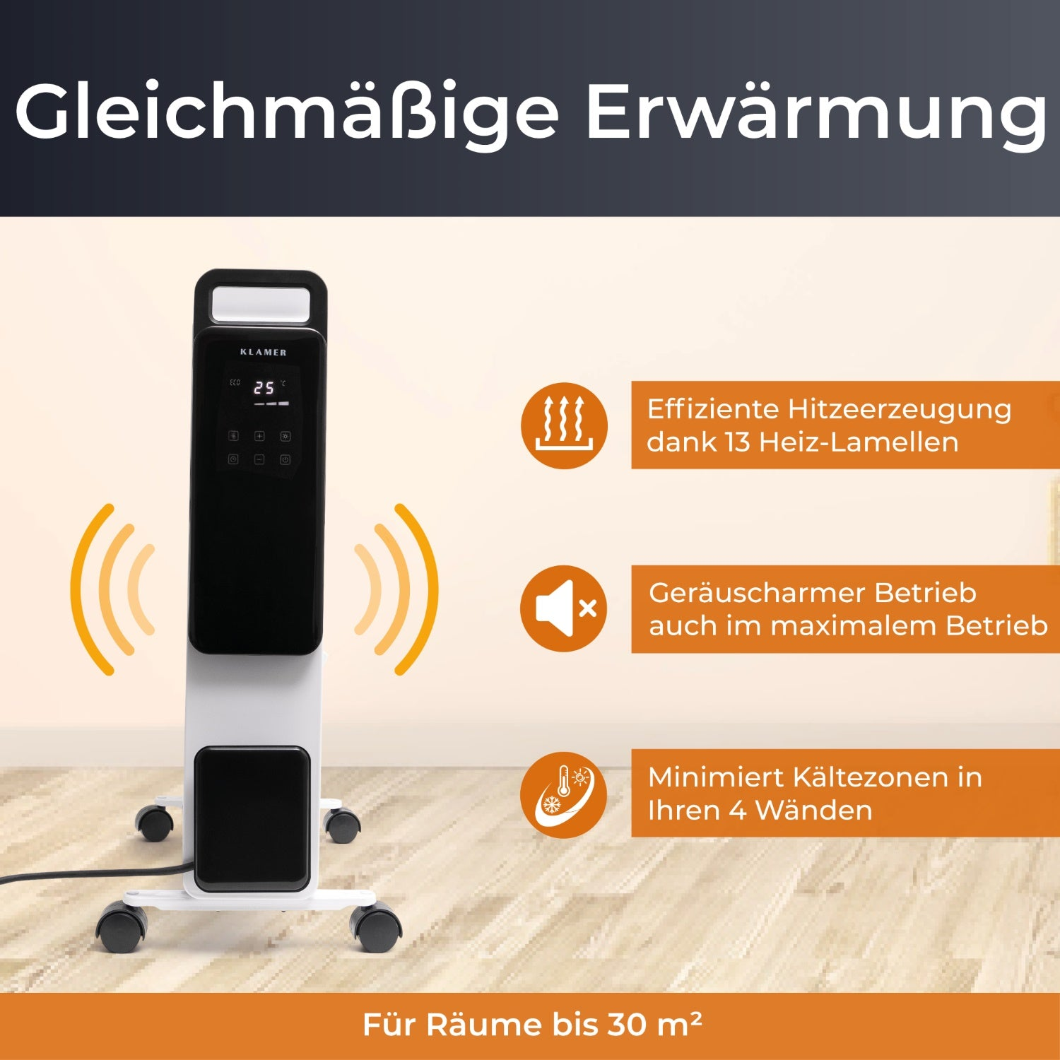 Schwarz-weiße elektrische Heizung mit Bedienfeld. Symbole für Wärme, Schall und Kälte werden angezeigt. Weißer Hintergrund.