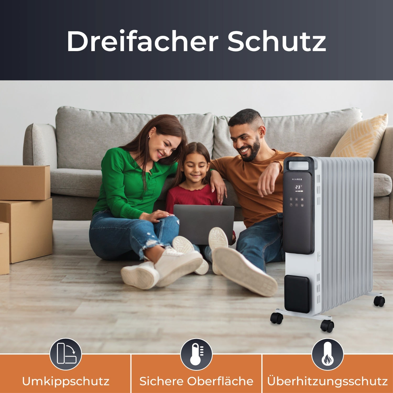 Familie sitzt an einer Heizung. Der Text oben lautet 'Dreifacher Schutz'. Kisten im Hintergrund. Symbole unten beschreiben Merkmale.