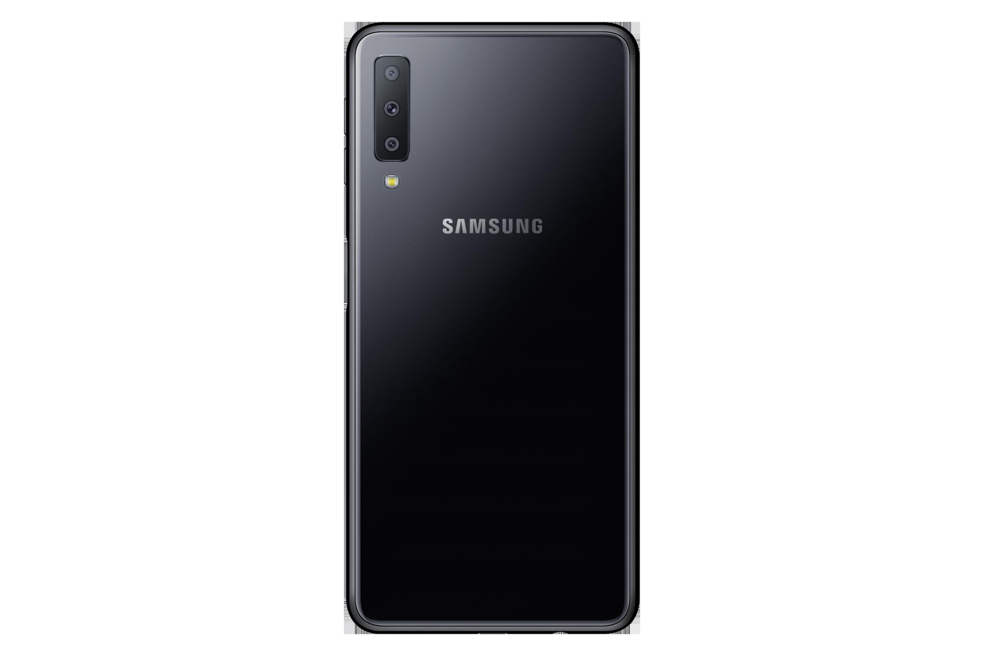 Rückseite eines schwarzen Samsung-Smartphones mit Dreifachkamera und Samsung-Logo.