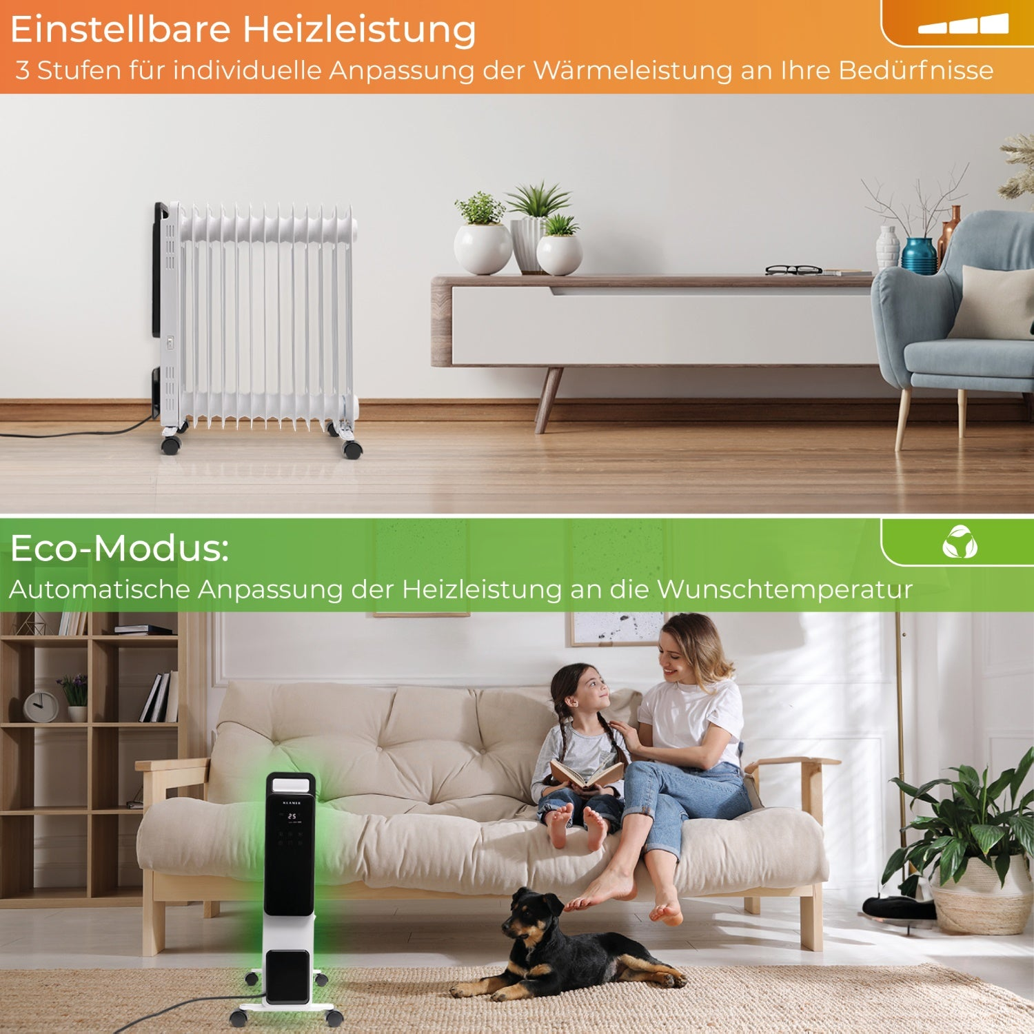 Zwei Fotos zeigen eine Heizung und eine Familie mit Heizung, mit deutschem Text.