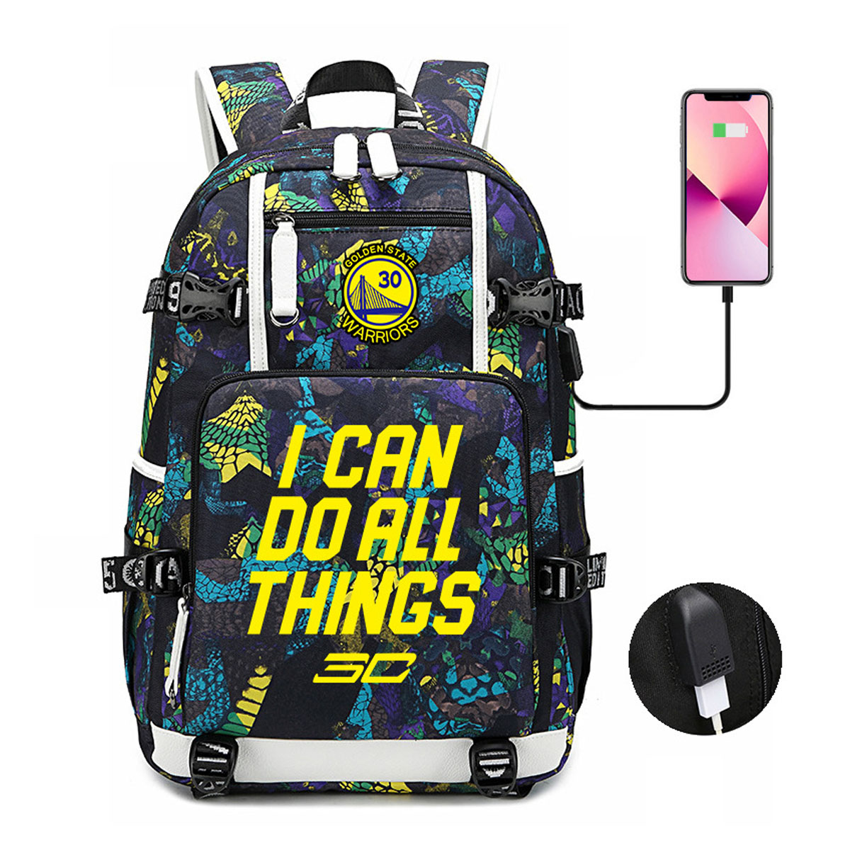 Bunter Rucksack mit 'I CAN DO ALL THINGS' Text und Golden State Warriors Logo.
