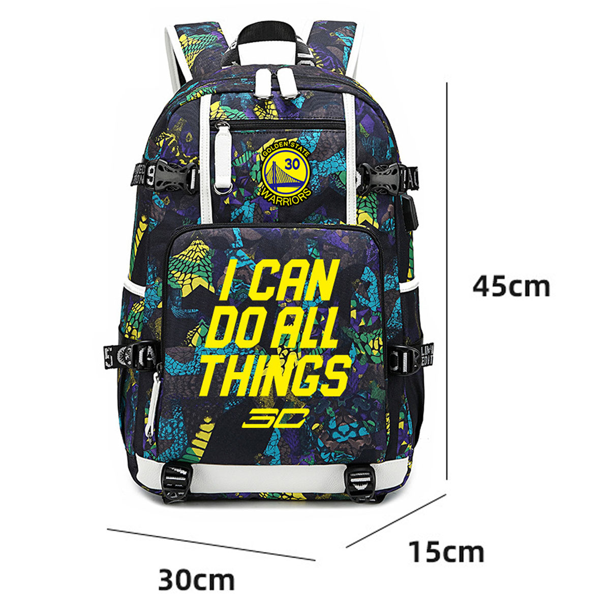 Ein schwarzer Rucksack mit dem Text "I CAN DO ALL THINGS" wird gezeigt.