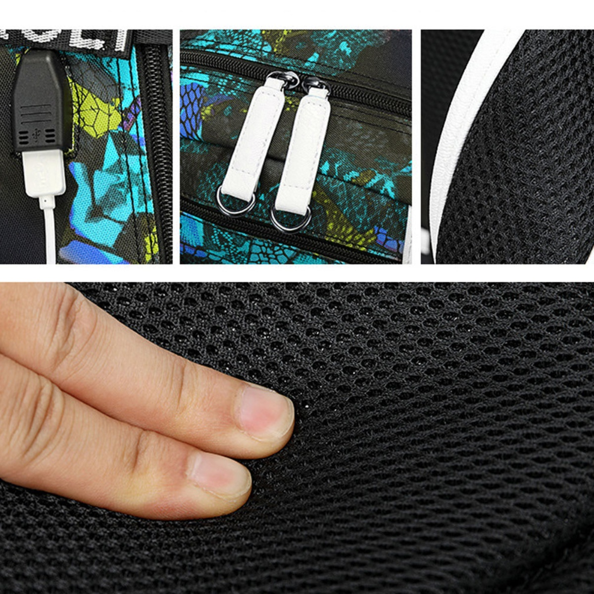 Nahaufnahmen eines Rucksacks mit USB, Reißverschlüssen und Mesh. Hand berührt das Mesh.