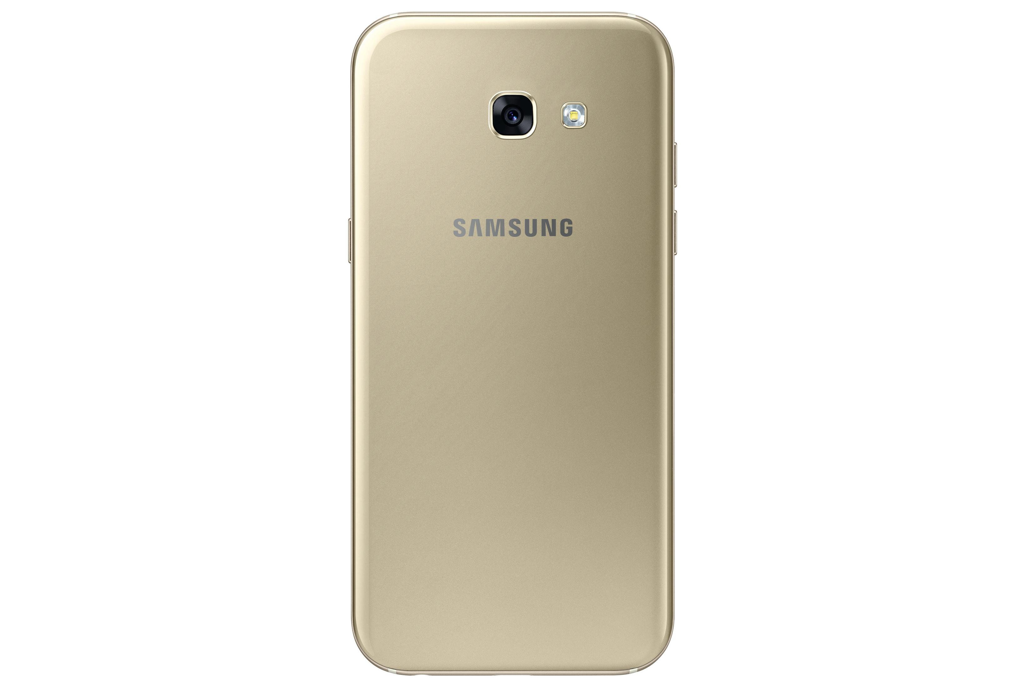 Goldfarbene Smartphone-Rückseite mit Kamera, Samsung-Logo und schlankem Design.
