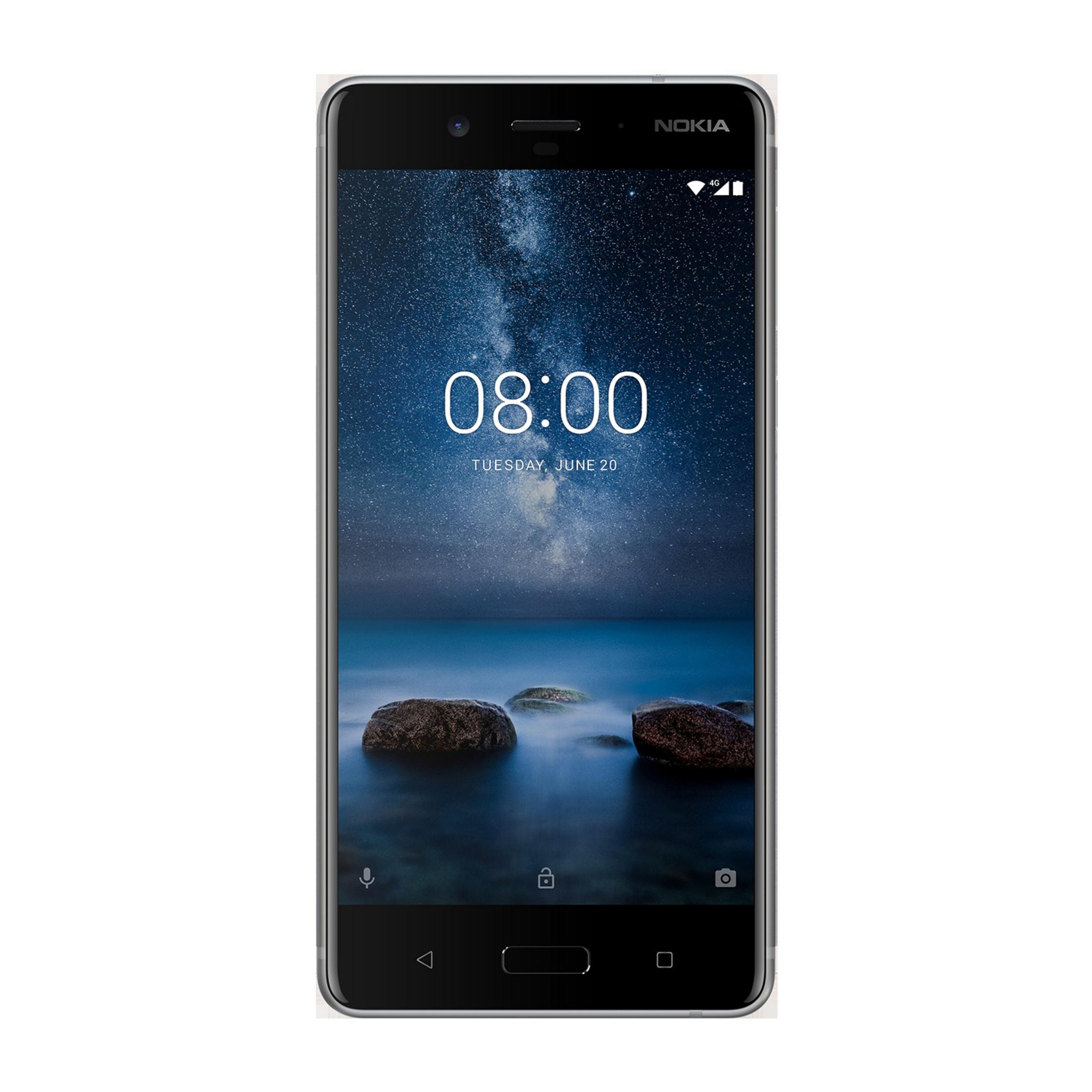 Schwarzes Nokia-Smartphone mit Uhrzeit, Hintergrund: Sternenhimmel.