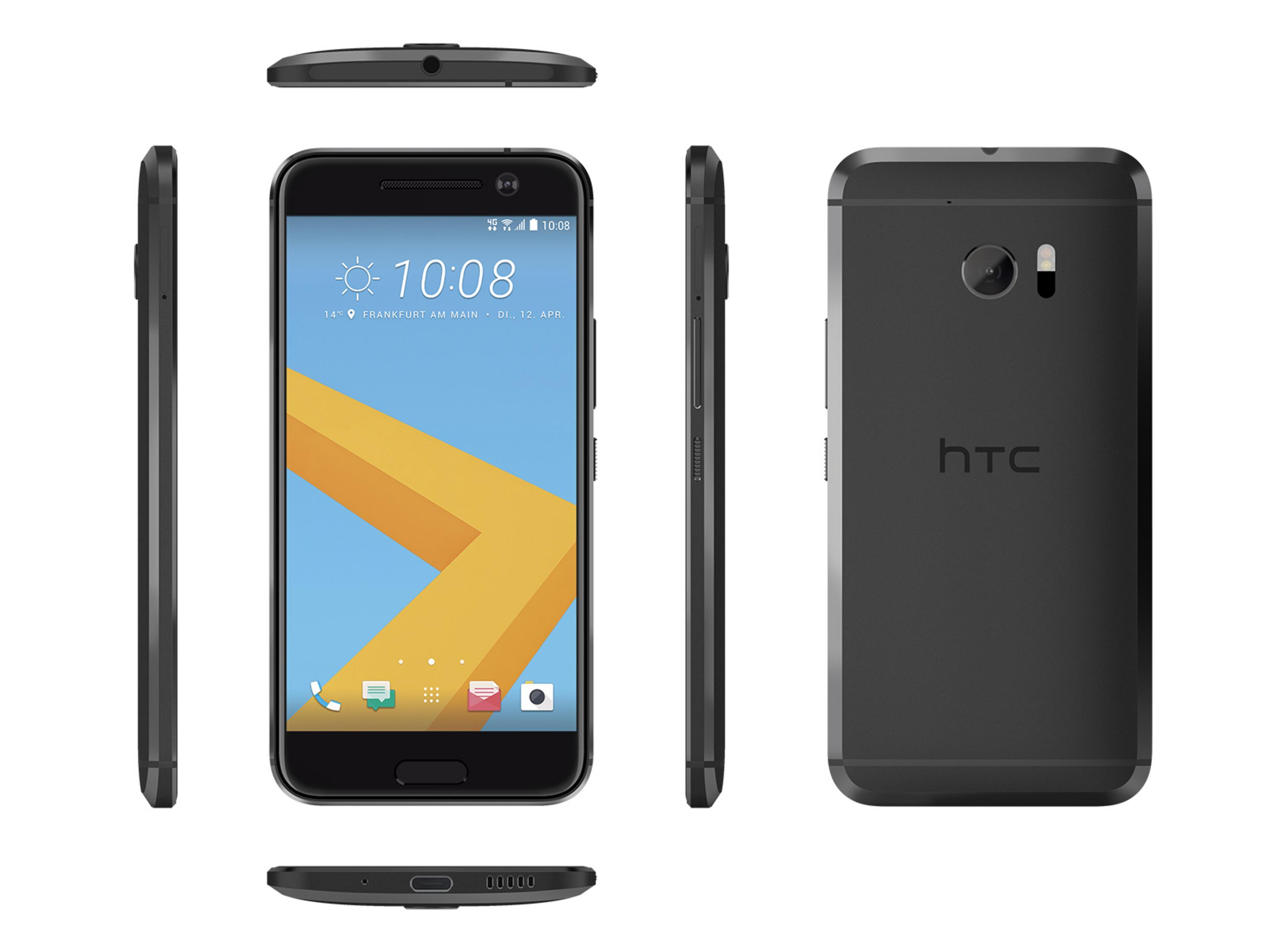 Ein schwarzes Smartphone mit mehreren Ansichten. Der Bildschirm zeigt Zeit, Datum und Symbole.