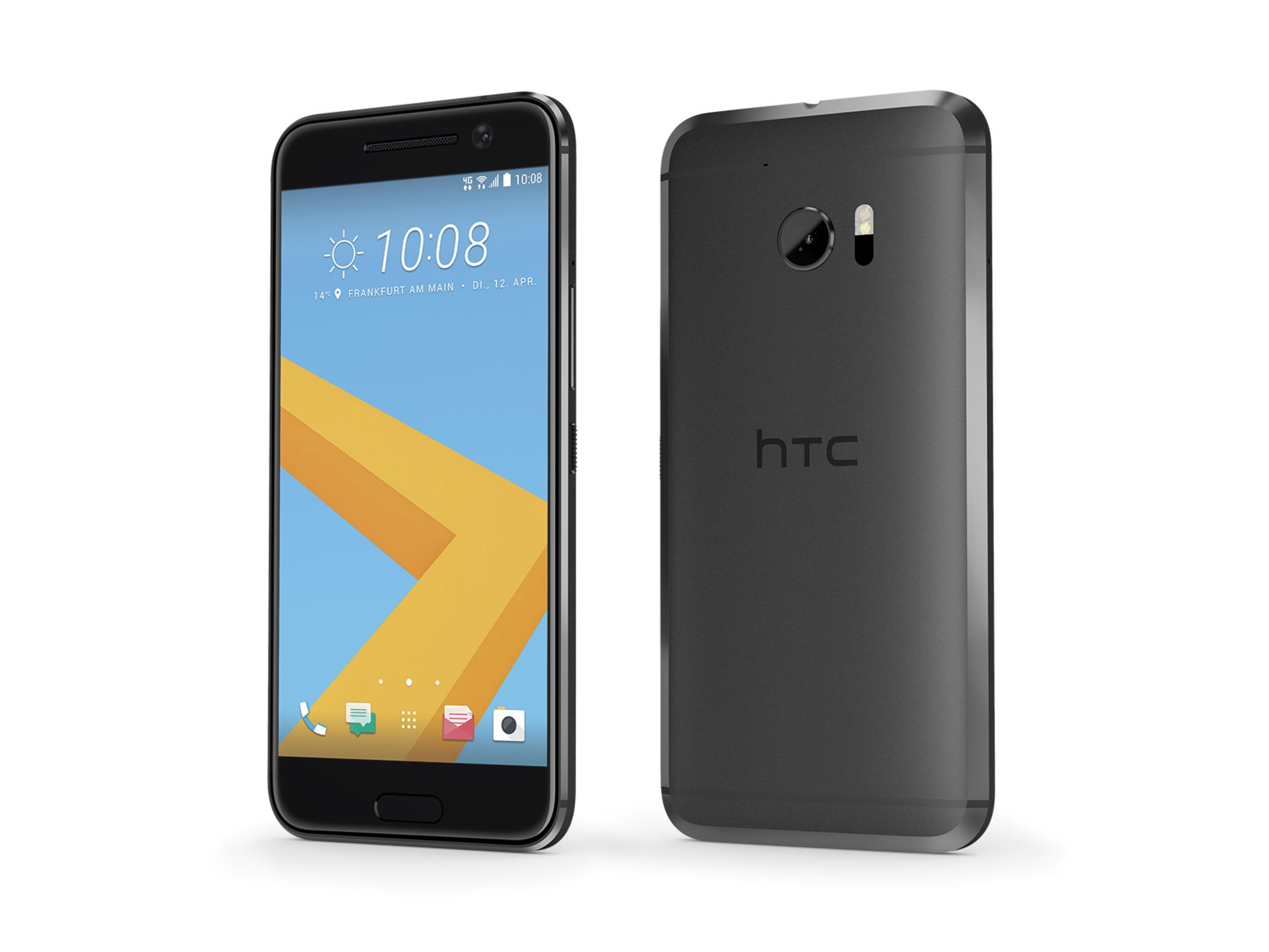 Schwarzes HTC-Smartphone, Vorder- und Rückansicht. Zeigt Bildschirm mit Uhrzeit und Apps.