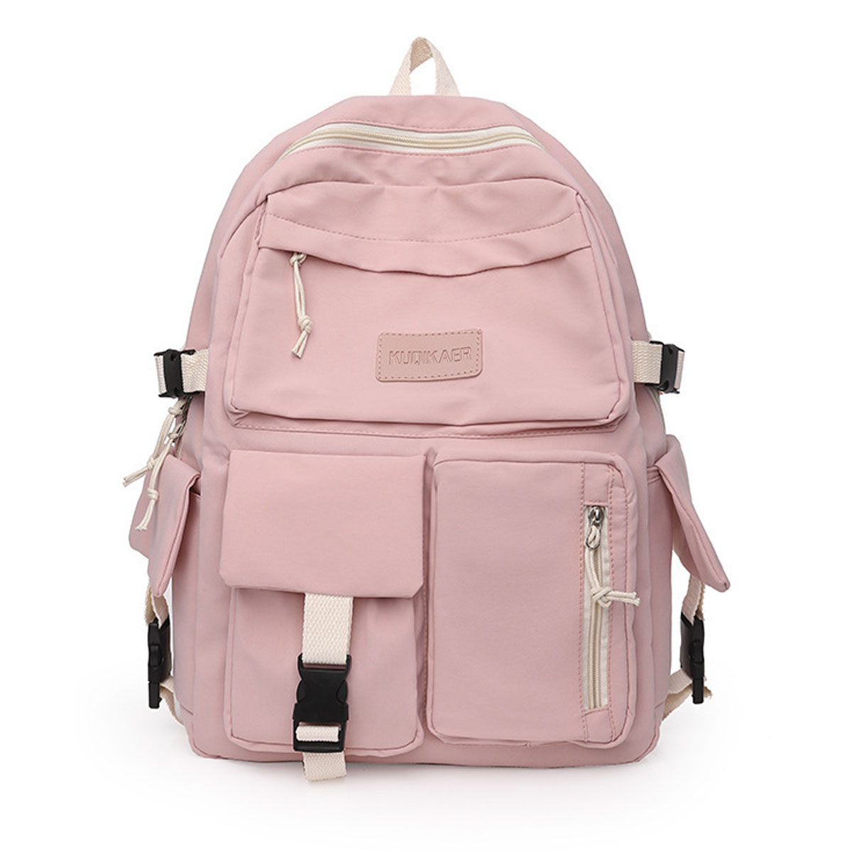 Pinker Rucksack mit mehreren Taschen und Riemen, sauberer Hintergrund.