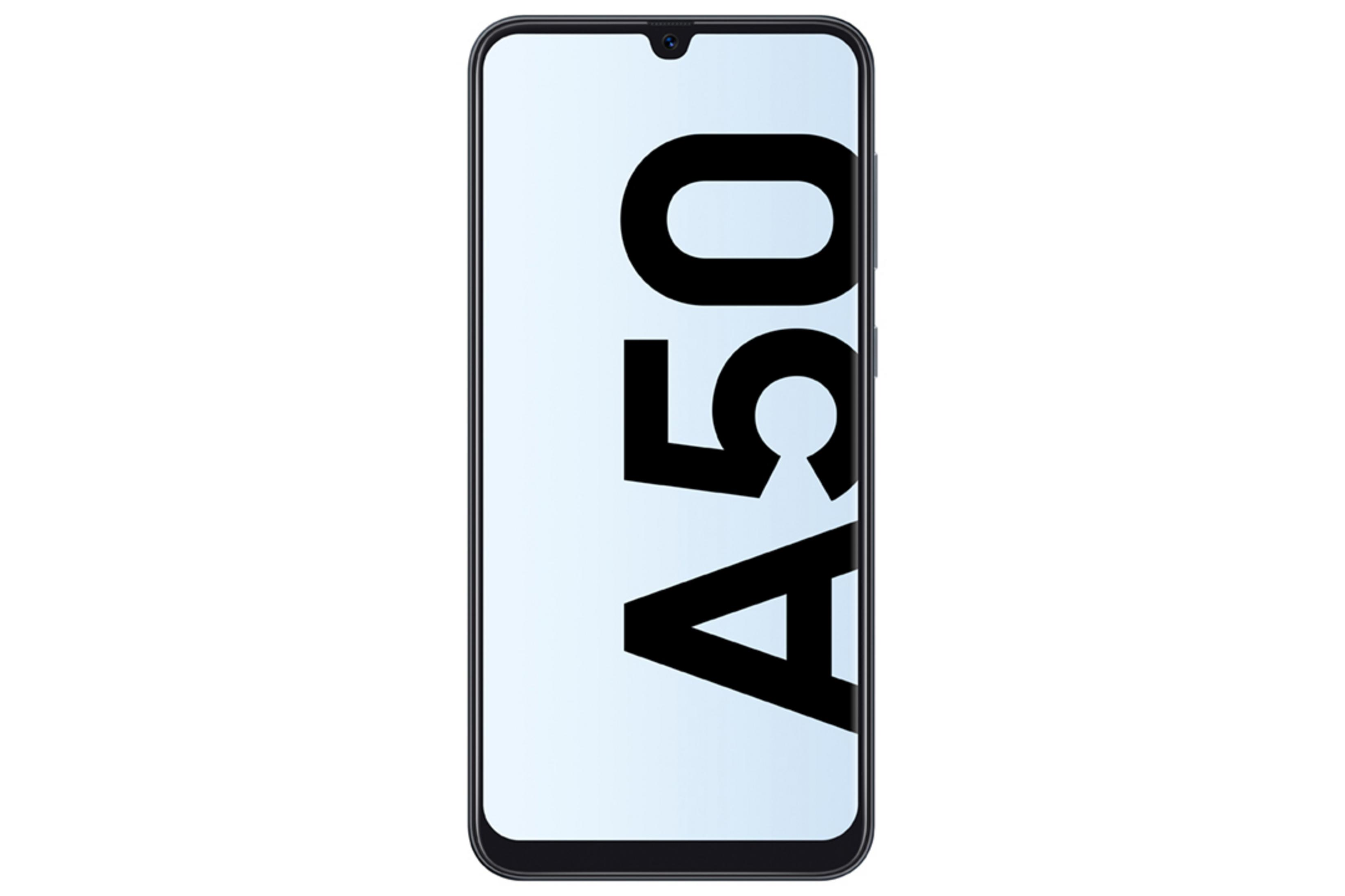 Schwarzes Samsung A50-Telefon mit der Zahl A50 vertikal auf dem Bildschirm.