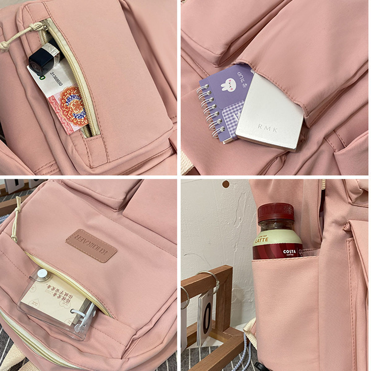Rosa Rucksack mit mehreren Taschen, Gegenstände im Inneren.