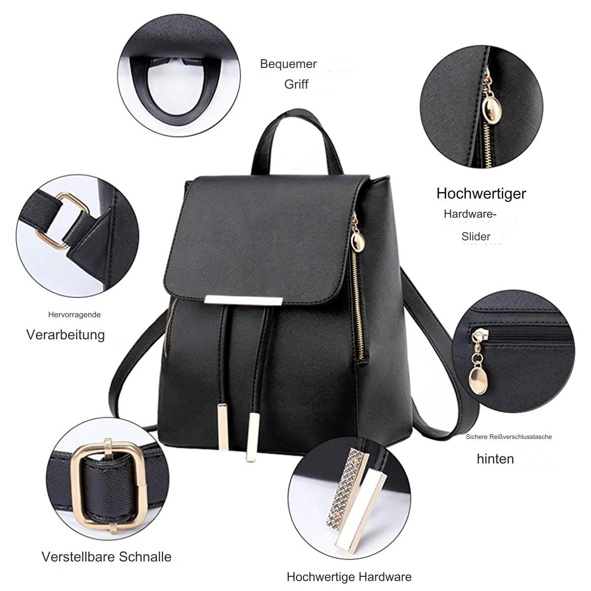 Schwarzer Rucksack mit goldenen Akzenten, Details von Reißverschlüssen und Schnallen.