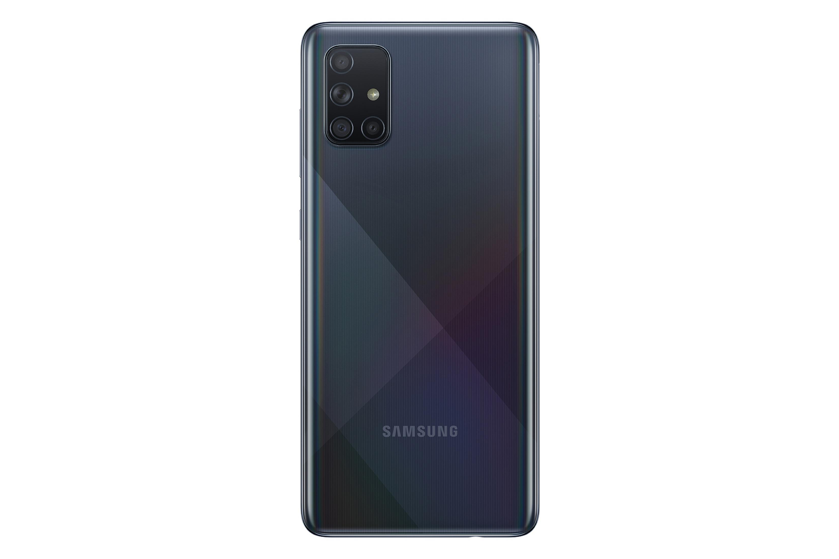 Die Rückseite eines schwarzen Samsung-Smartphones mit Kameraanordnung und Samsung-Logo.